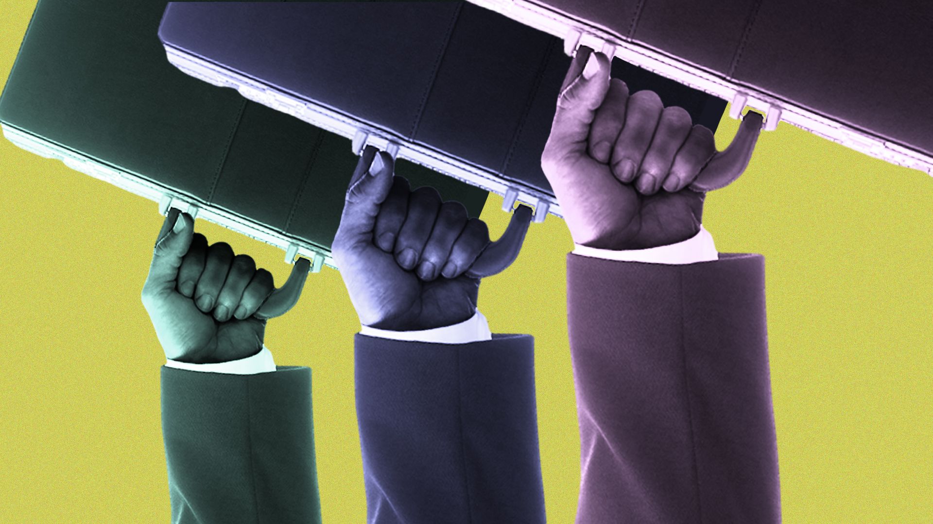 Illustration of three fists raising briefcases.
