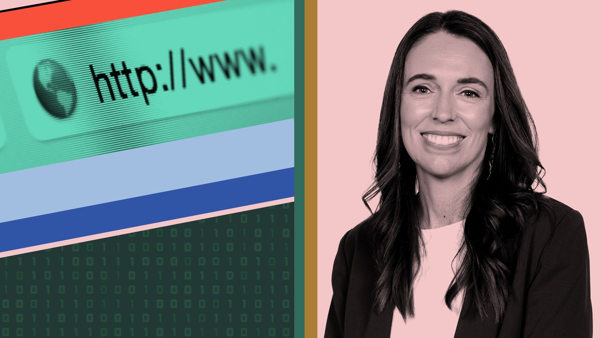 Photo illustration of Former Prime Minister of New Zealand Jacinda Ardern next to binary code and an internet address bar