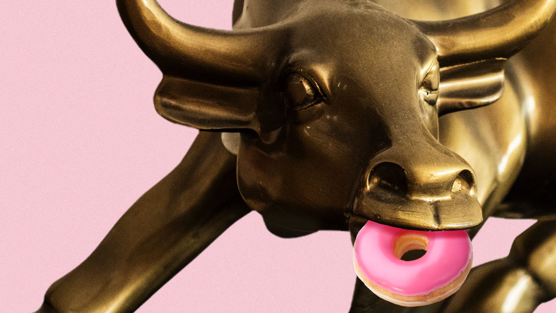 Illustration of the Wall St. bull statue eating a donut.