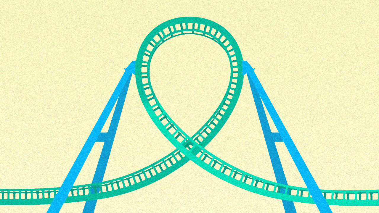 Animated illustration of five Axios logos travelling on a rollercoaster track and doing a loop-de-loop.
