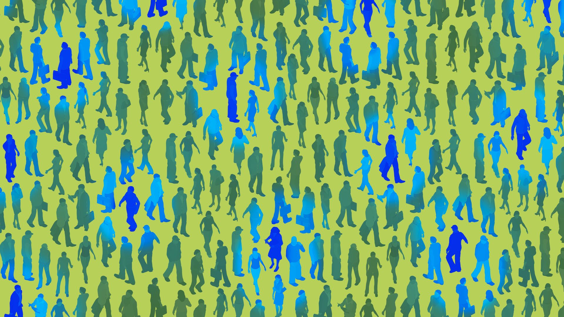 Illustration of a crowd of people with certain highlighted people radiating kindness in the form of color shifts. 