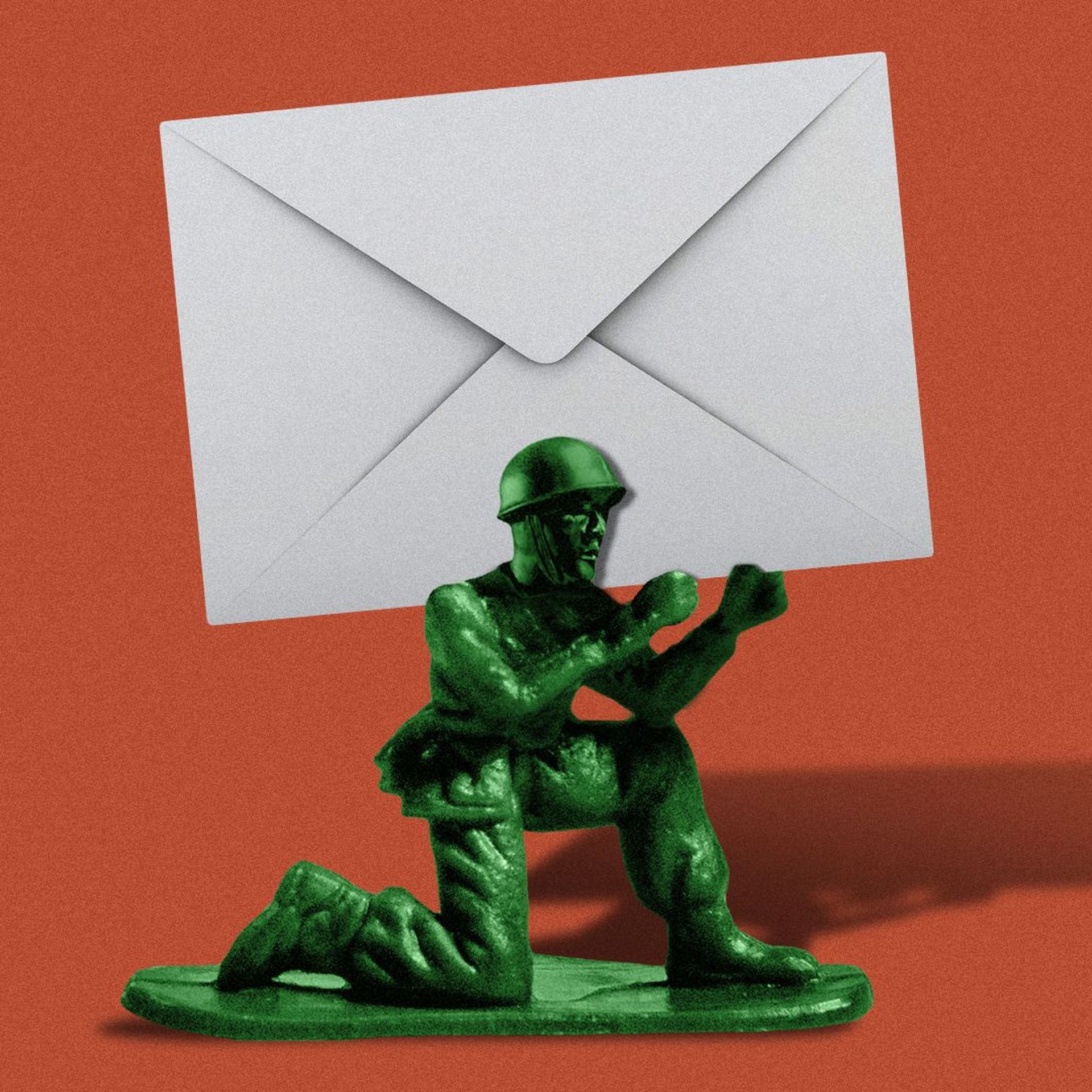 Illustration of a toy army figurine holding an envelope like a bazooka.