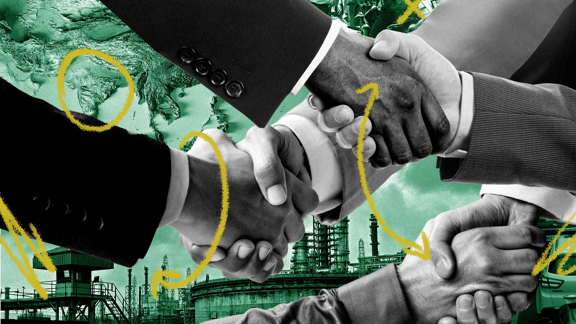 Photo illustration of scenes from India framed by multiple sets of handshakes.