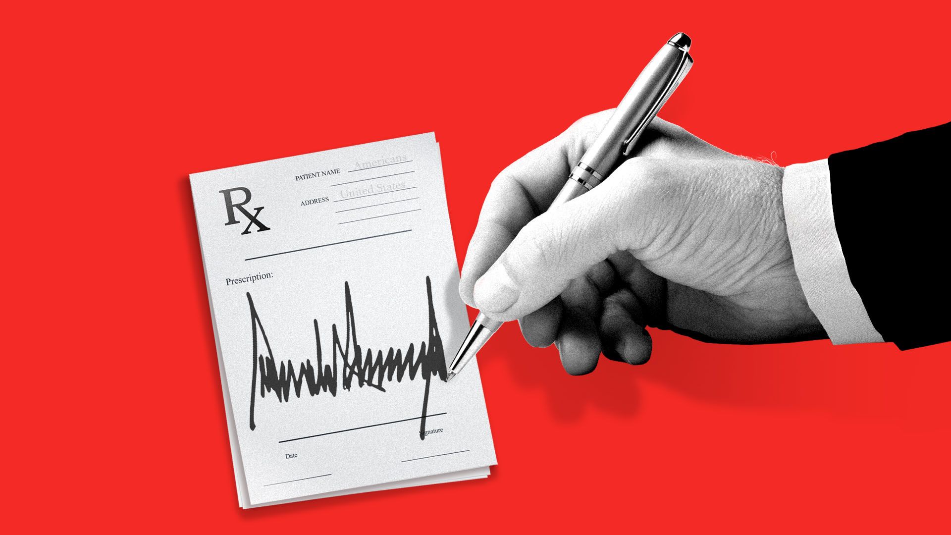 Illustration of Trump signing a prescription pad.