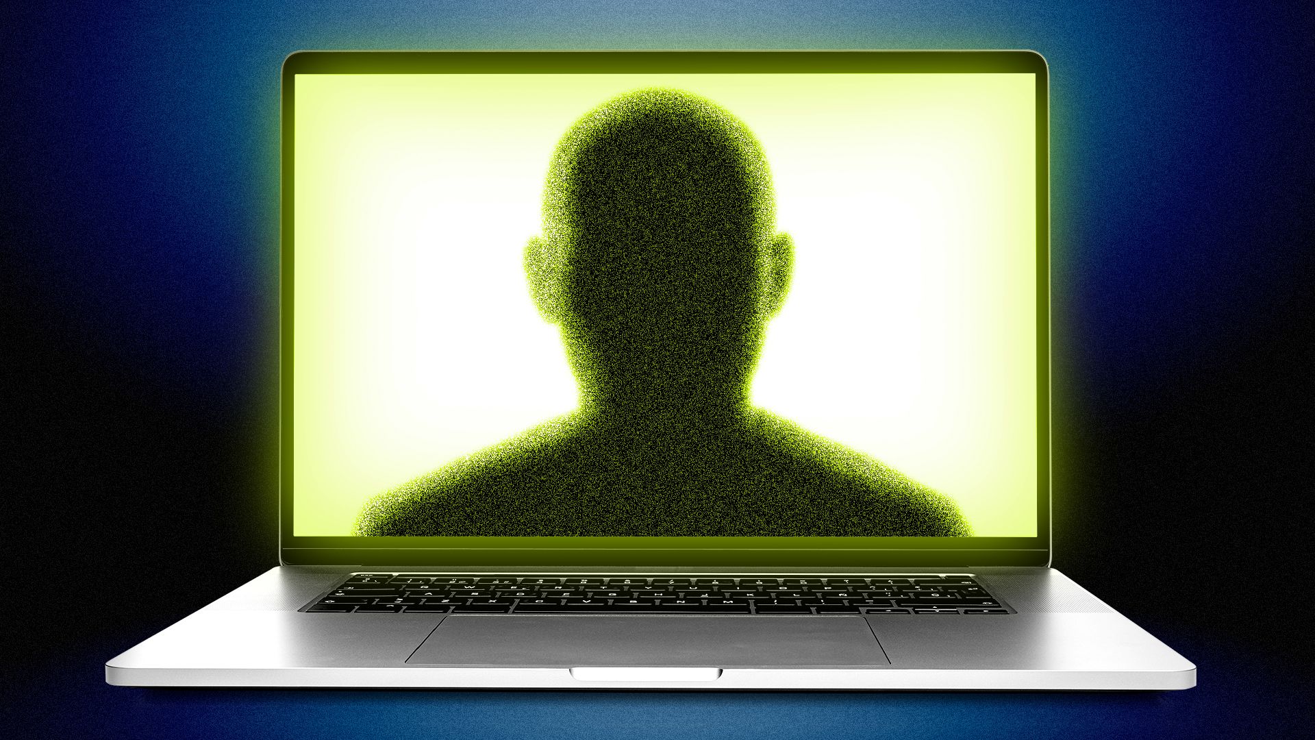 Illustration of a laptop with the silhouette of a person on the screen, which is glowing greenish-yellow.