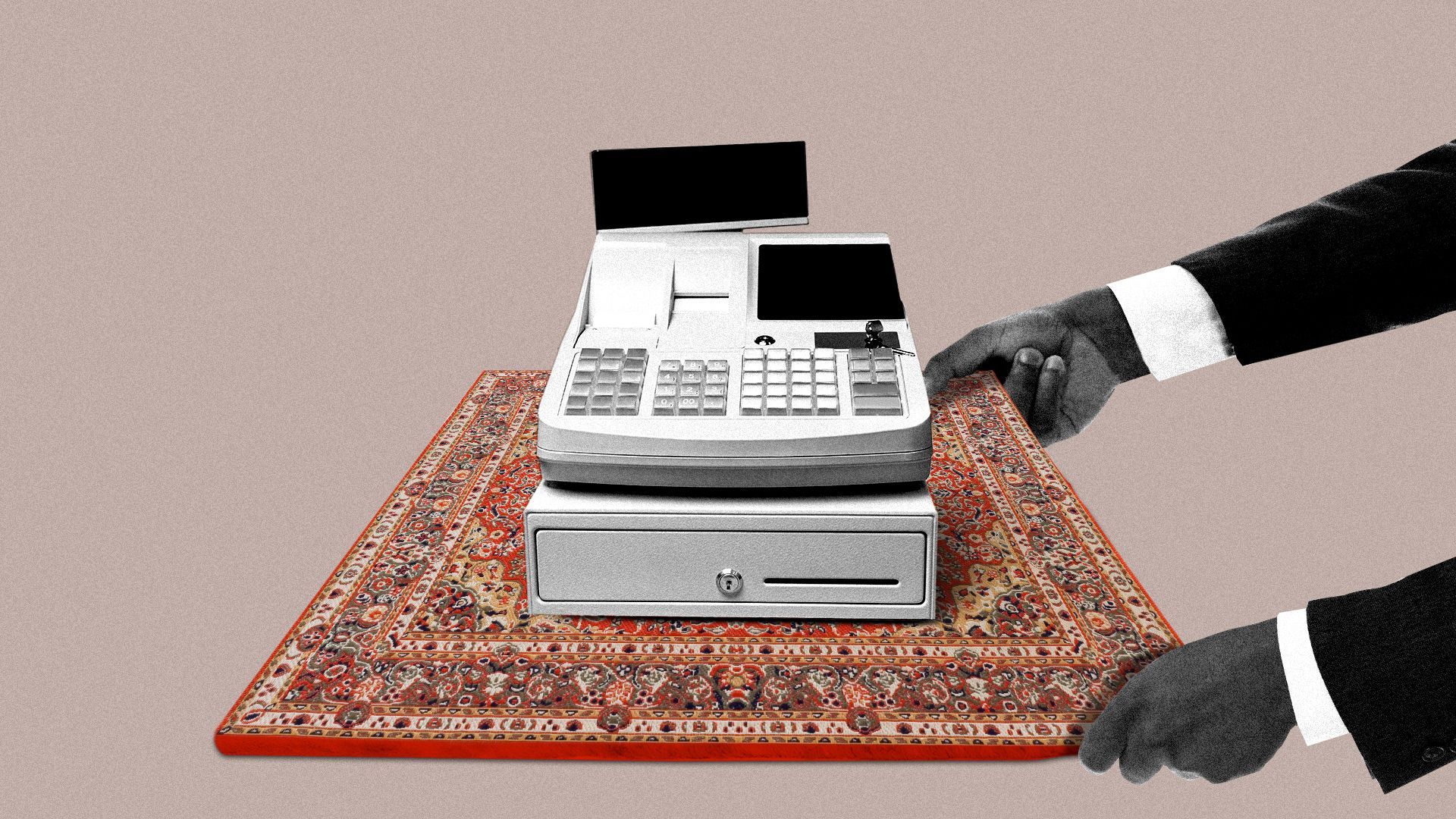 Illustration of a cash register on a rug with a pair of hands about to pull on the rug.  