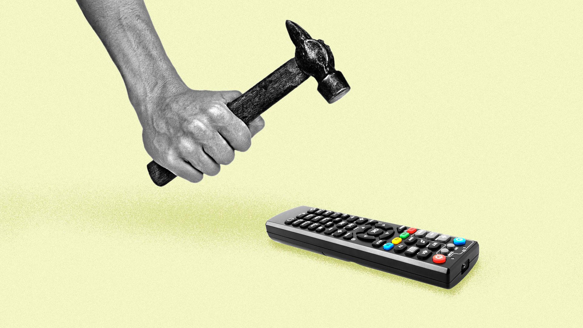 A hand with a hammer about to crush a tv remote