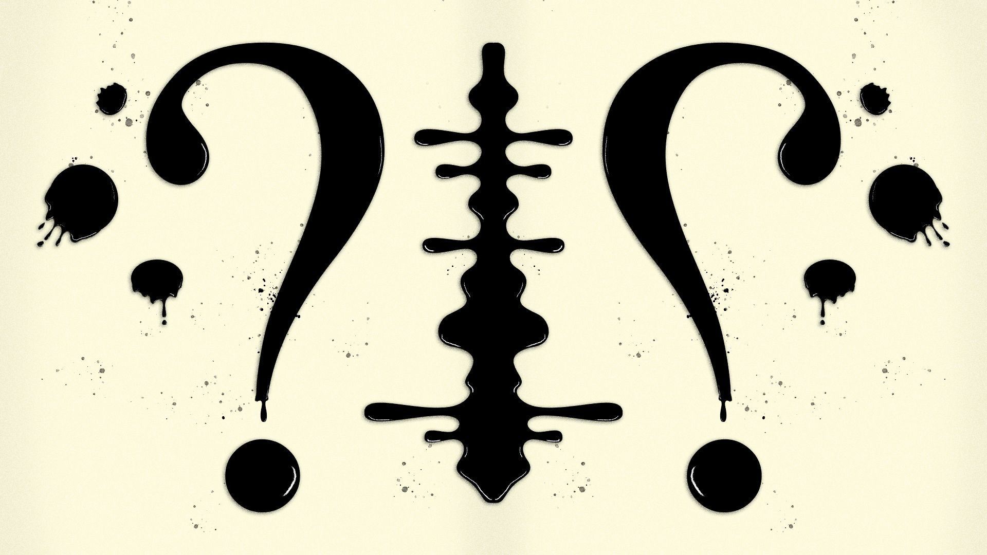 Illustration of a Rorschach test made of oil, depicting question marks.