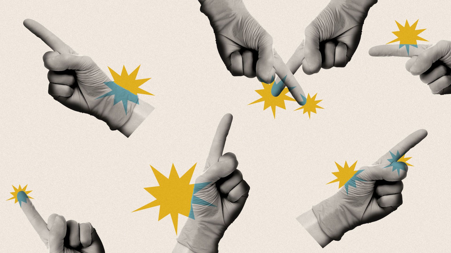 Illustration of hands in medical gloves pointing in different directions surrounded by bursts