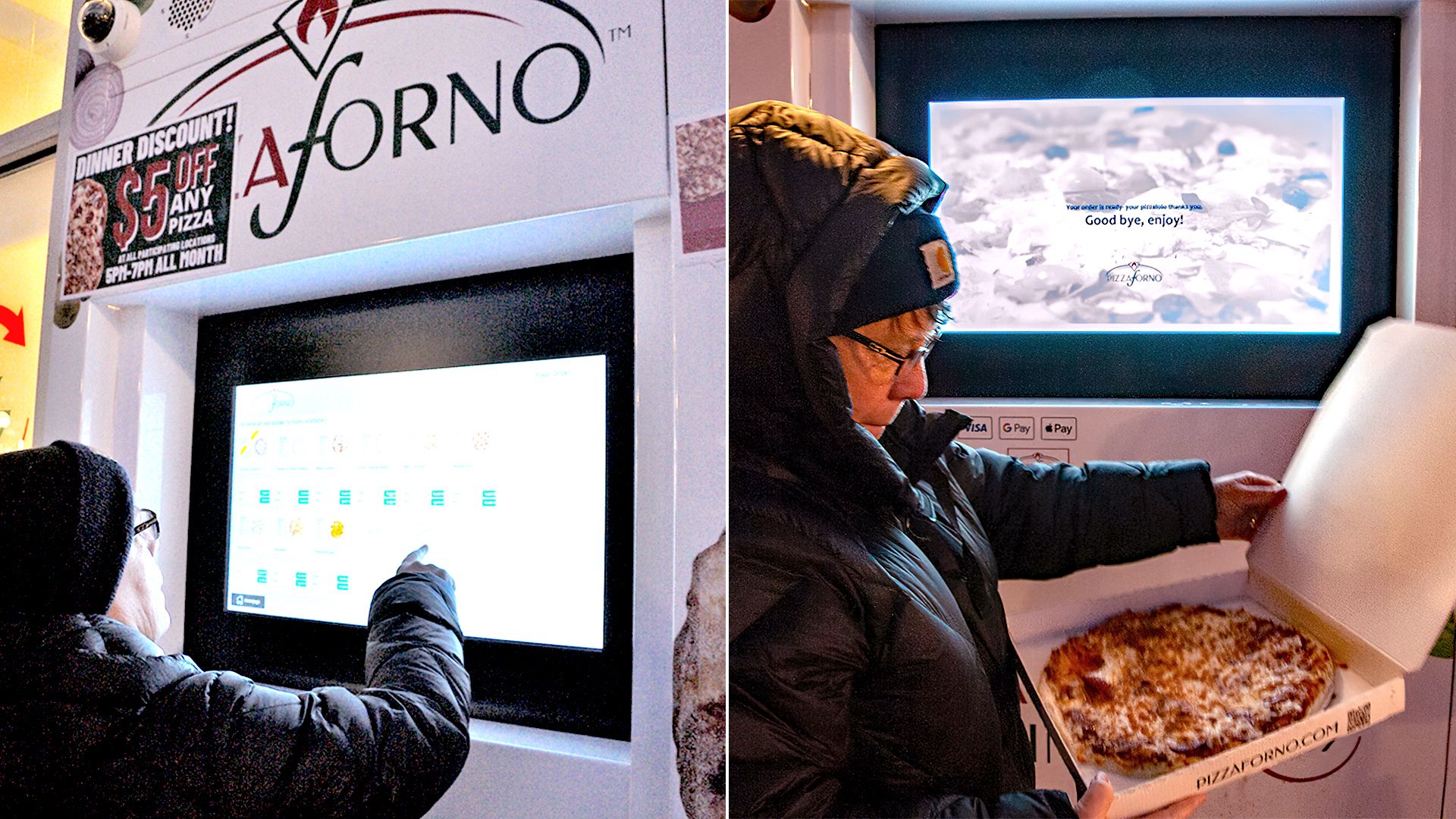 Joann Muller gets a pepperoni pizza from Pizza Forno's vending machine
