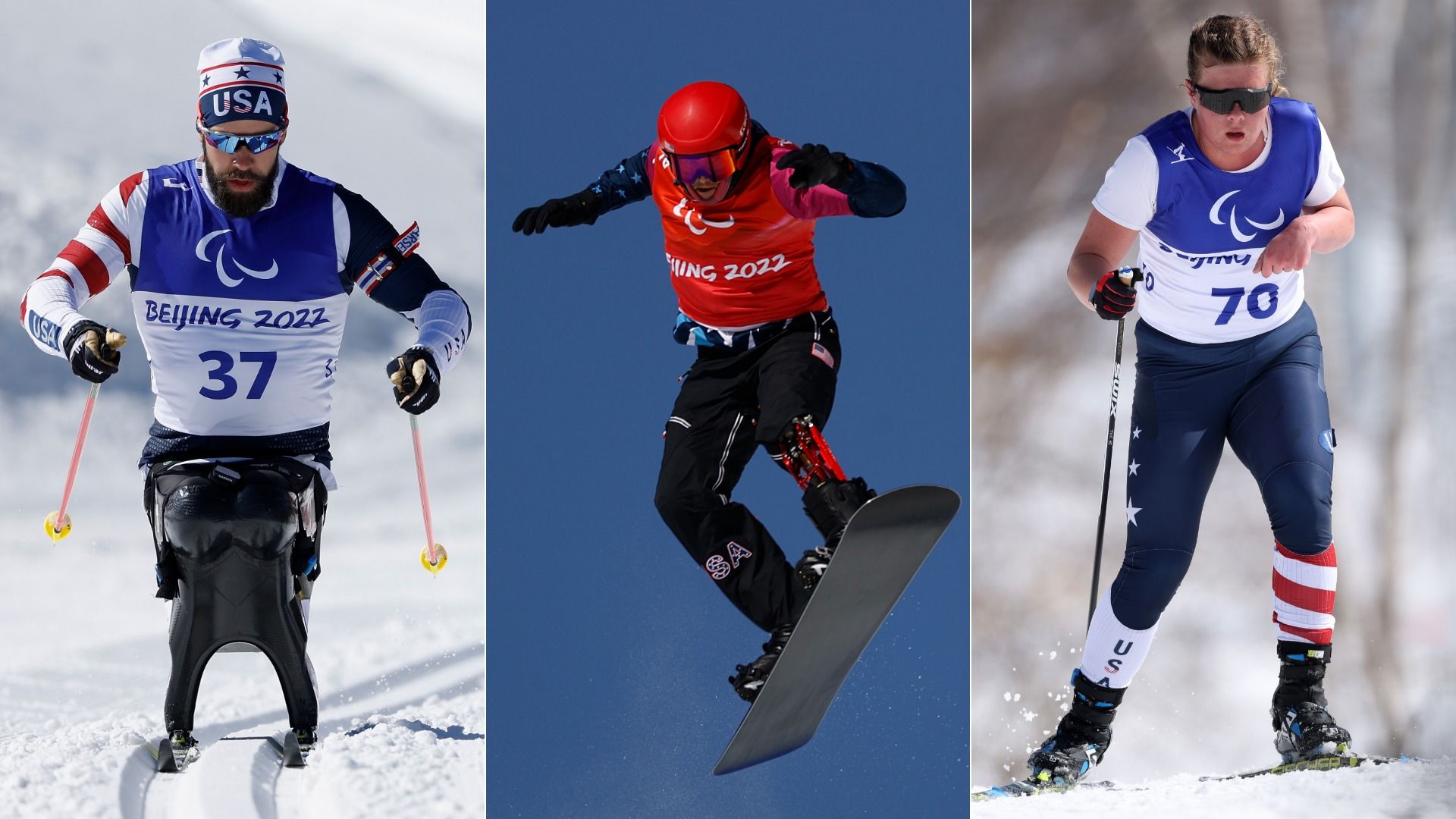 A paralympic skier, a snowboarder and a paralympic skier.