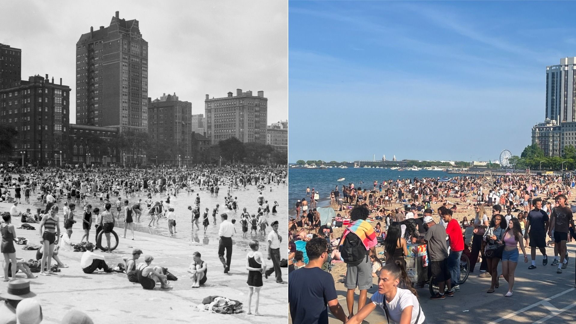 Split-image of crowded city beach: left panel black-and-white with tall old buildings behind sunbathers; right panel in color showing a busy beach, modern high-rises, a ferris wheel, and boats.
