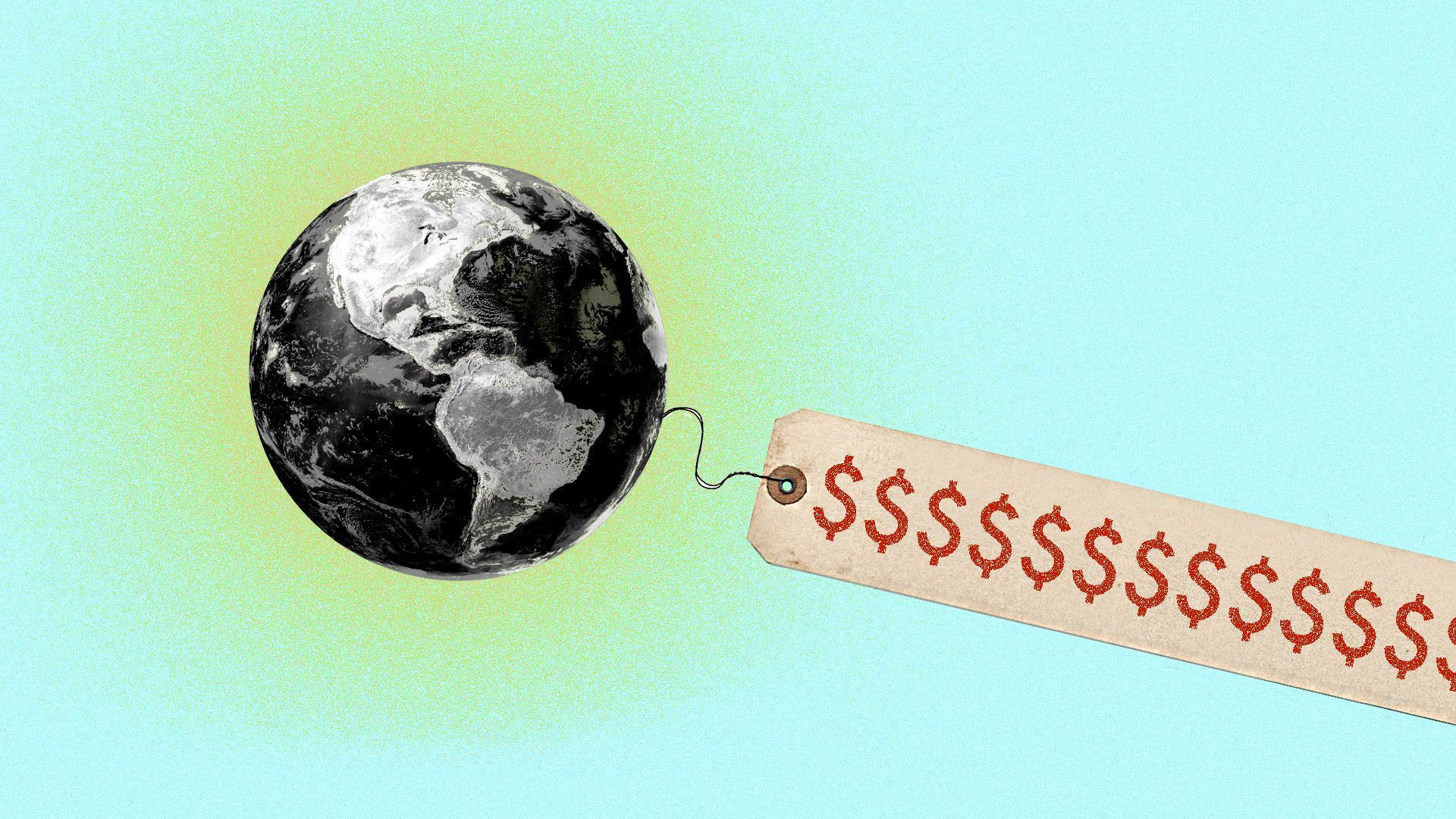 In this illustration, a large price tag dangles from a black and white still image of the earth.