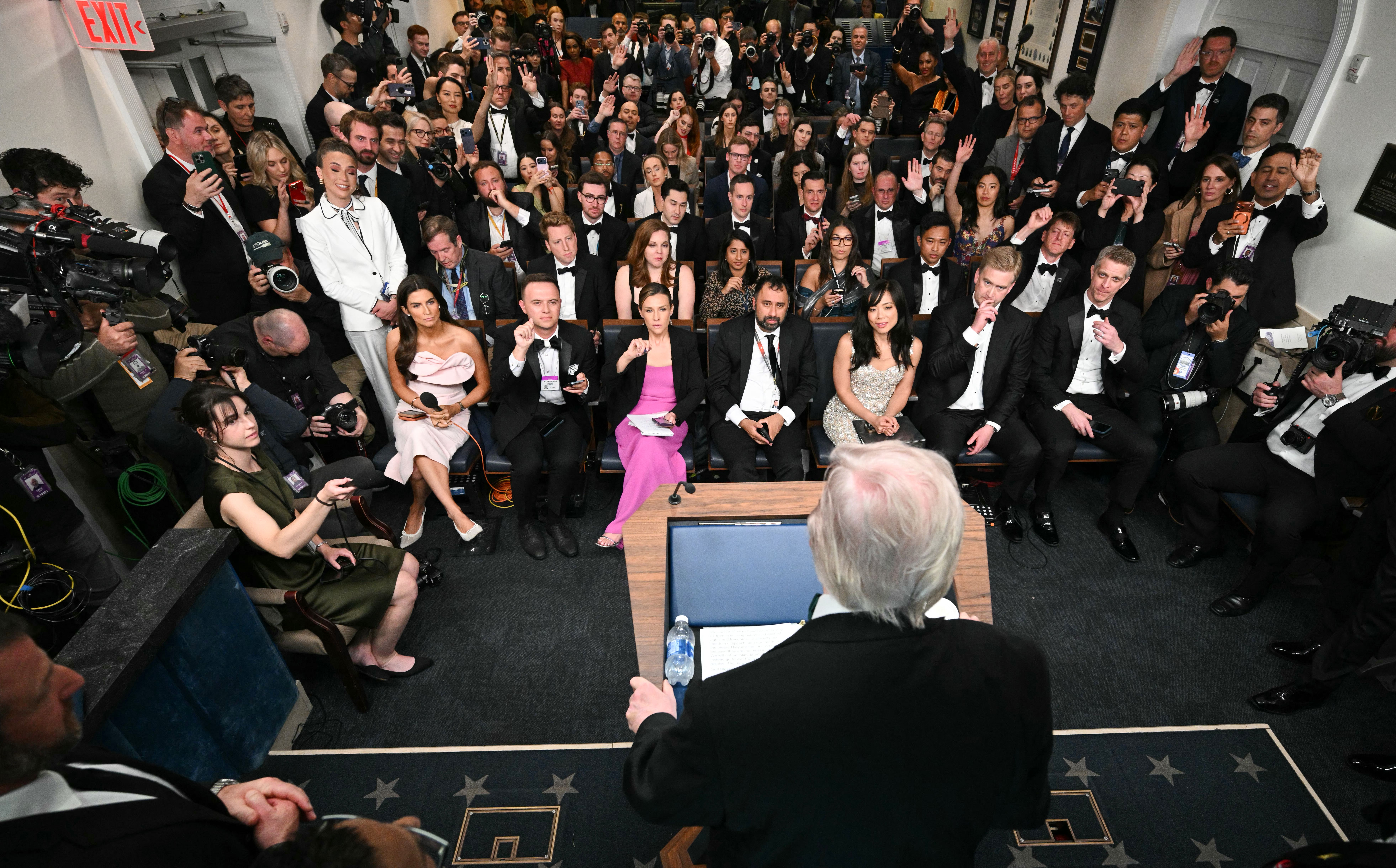President Donald Trump speaks during a press briefing in the Brady Briefing Room at the White House in Washington, DC, shortly after a shooting incident at the White House Correspondents' Dinner on April 25, 2026. US President Donald Trump said April 25 he would give a press conference from the Whit