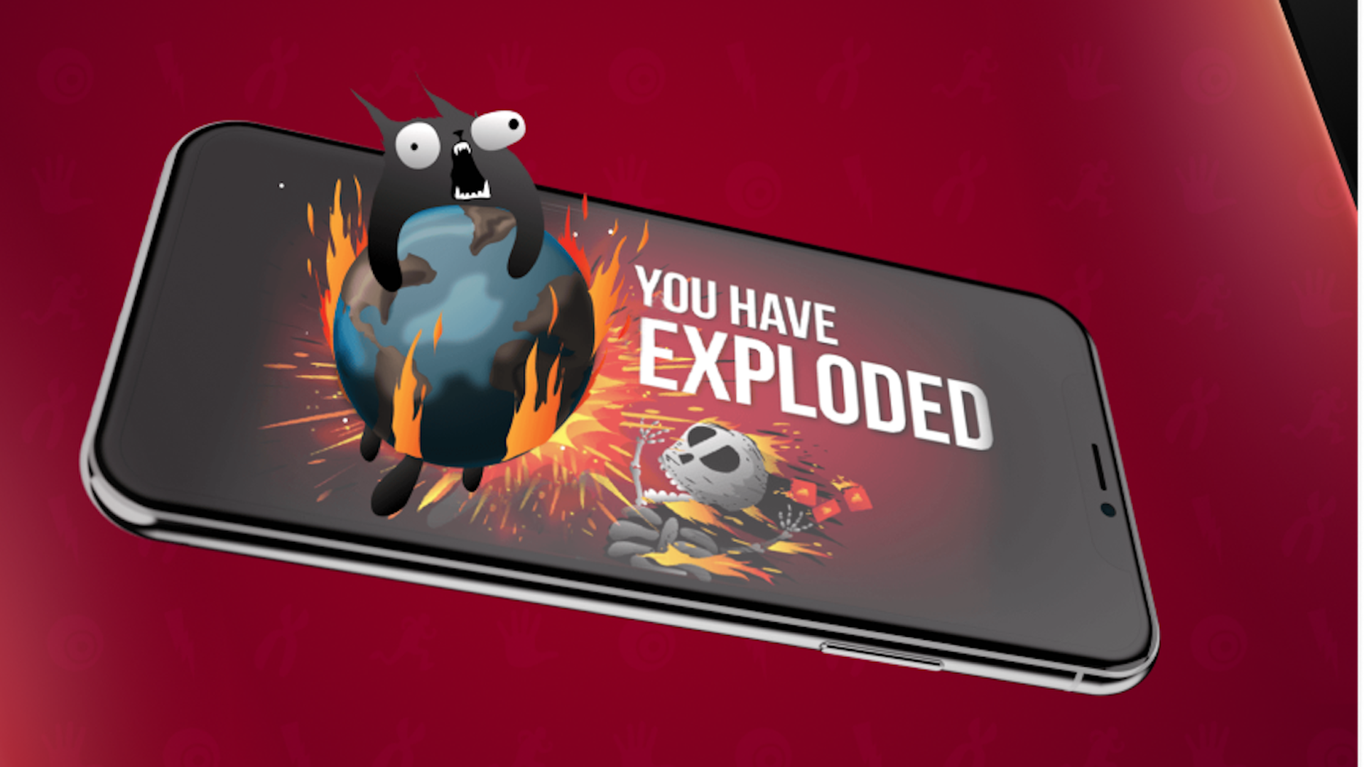 A screenshot of an exploding kitten on a smartphone with the text "You have exploded."