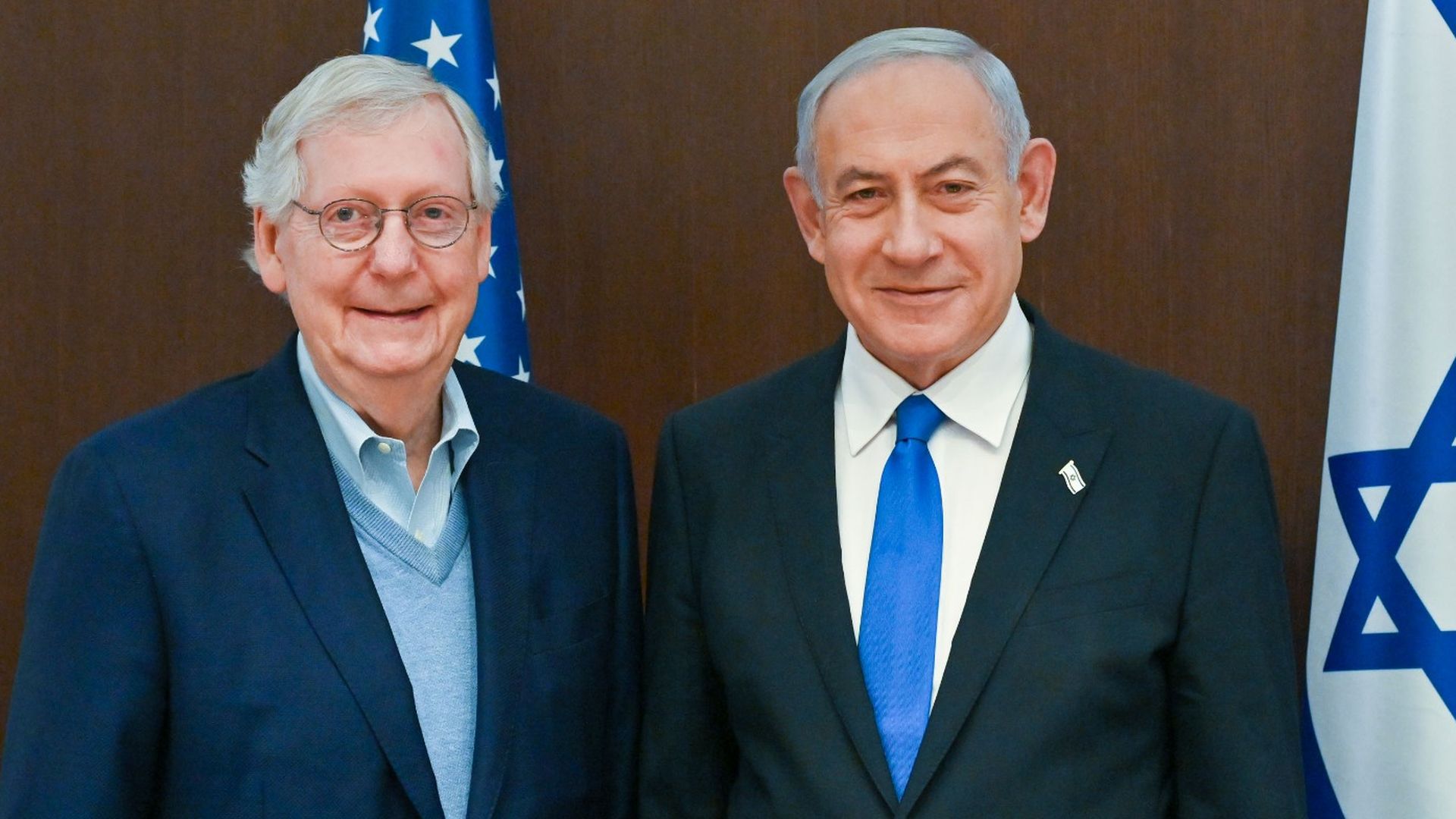 McConnell stands next to Netanyahu during their meeting in Jerusalem in February. 
