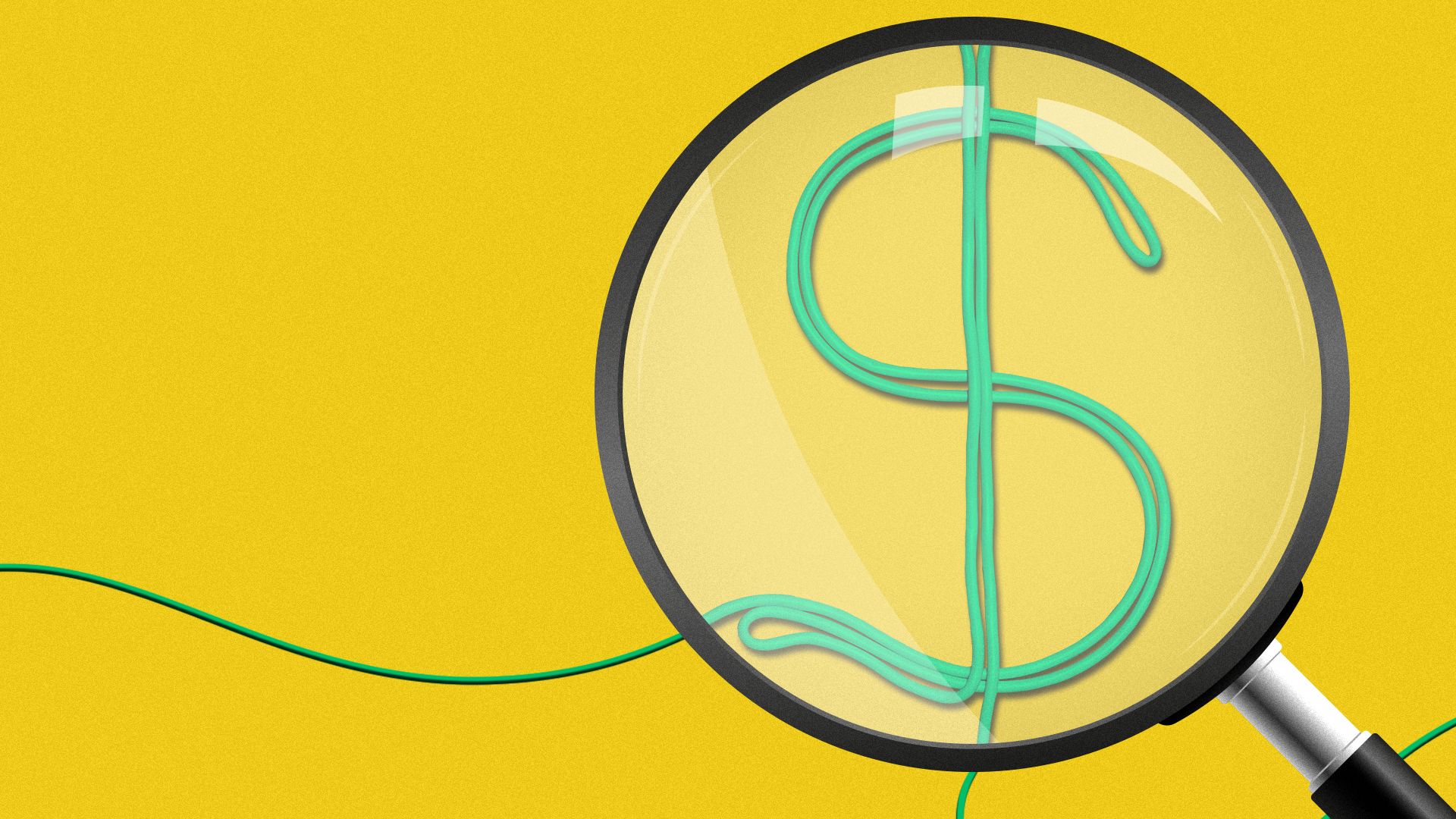 Illustration of a magnifying glass magnifying a dollar sign-shaped cord.