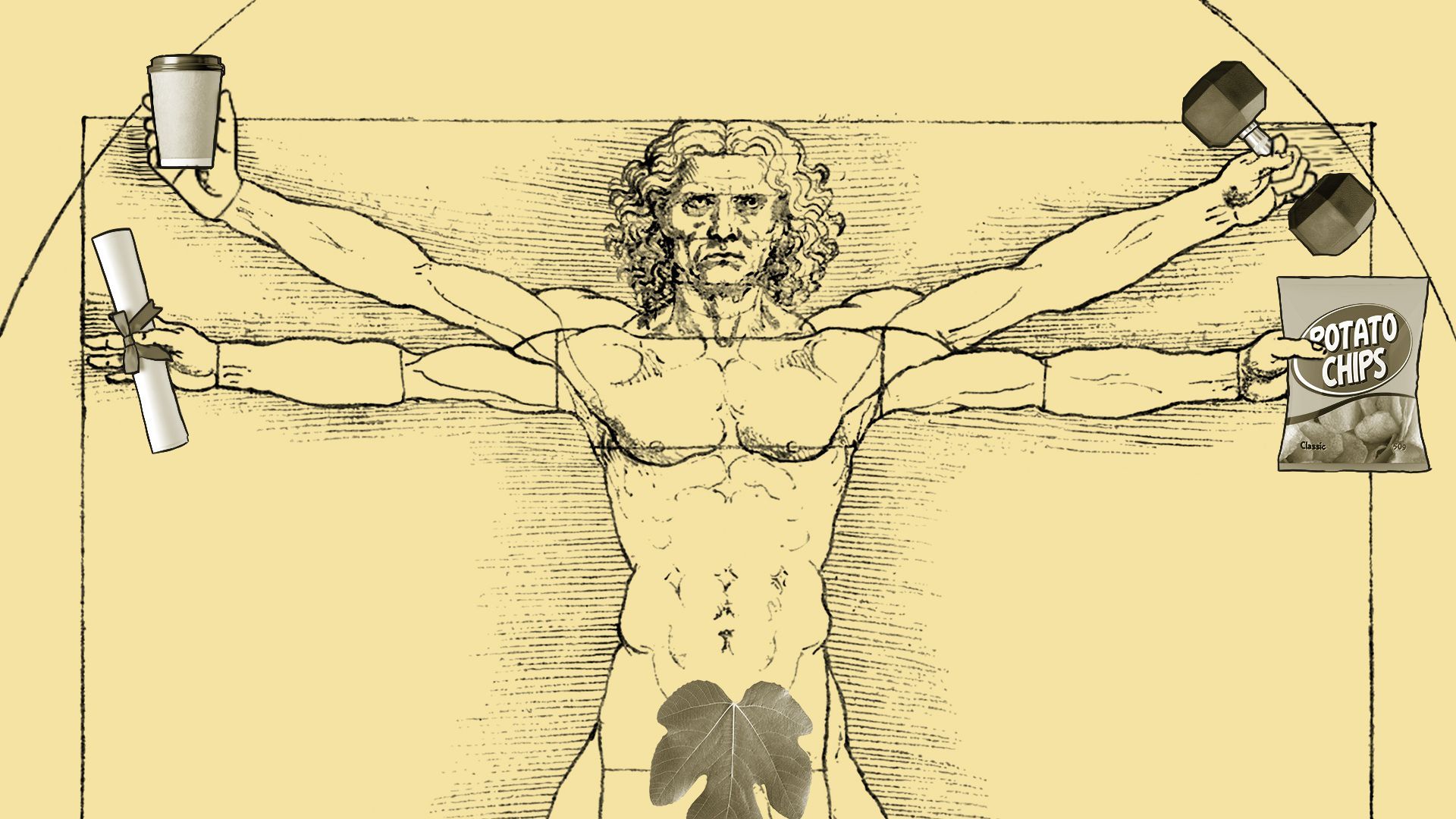 Illustration of the Vitruvian man holding a barbell, a coffee, a diploma and a bag of chips.
