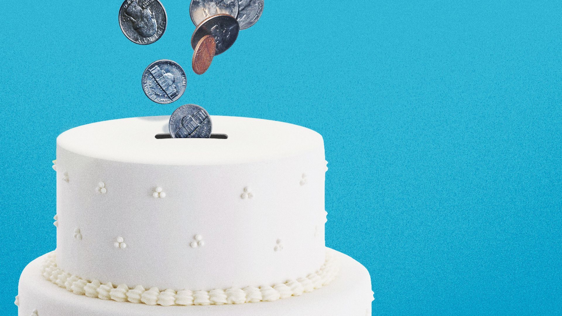 Illustration of coins falling into a cake as if it were a piggy bank.