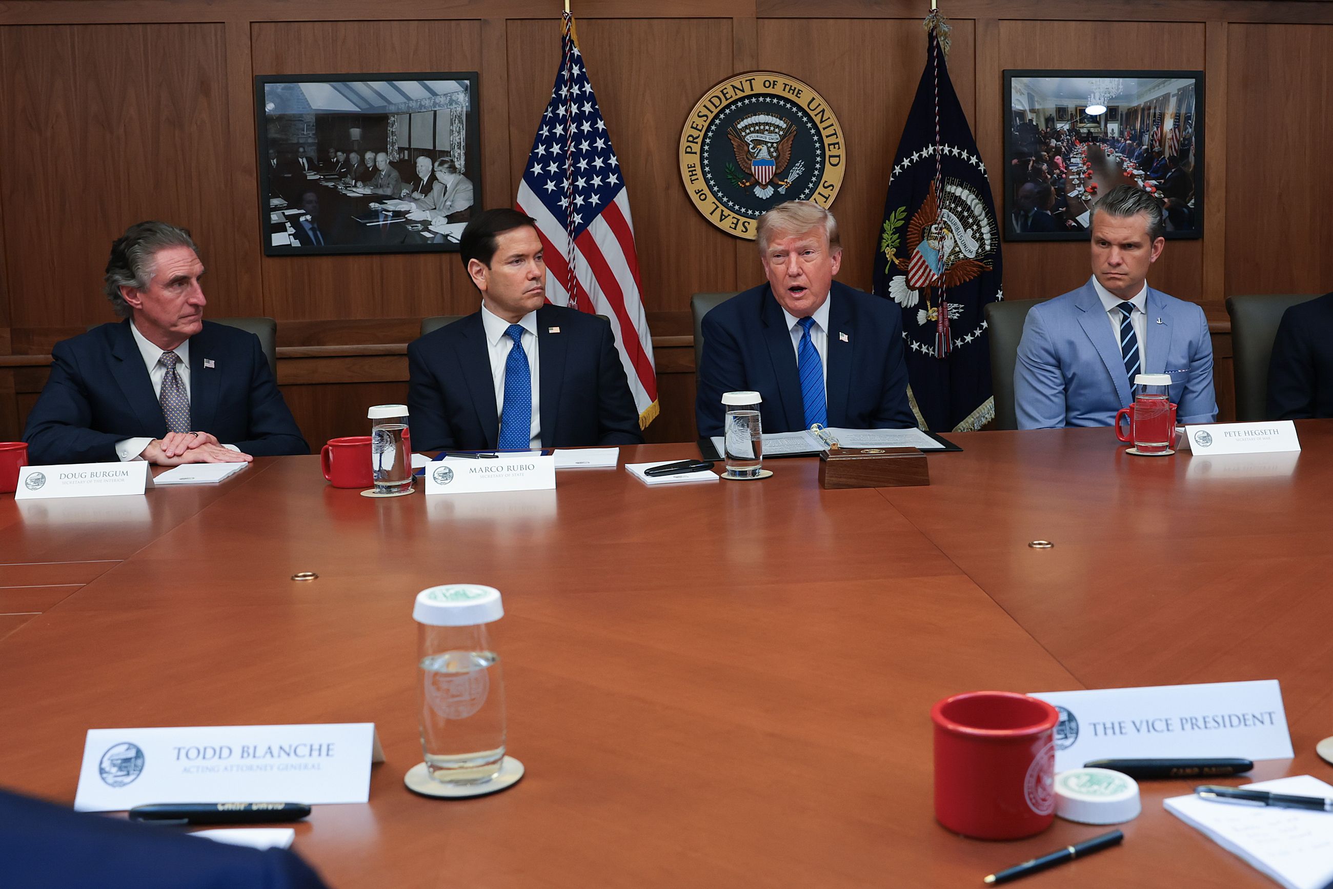 : U.S. President Donald Trump speaks during a Cabinet meeting at Camp David, the presidential retreat, with (L-R) Secretary of the Interior Doug Burgum, Secretary of State Marco Rubio, and Secretary of Defense Pete Hegseth on July 31, 2026 in Camp David, Maryland. Trump convened members of his Cabin
