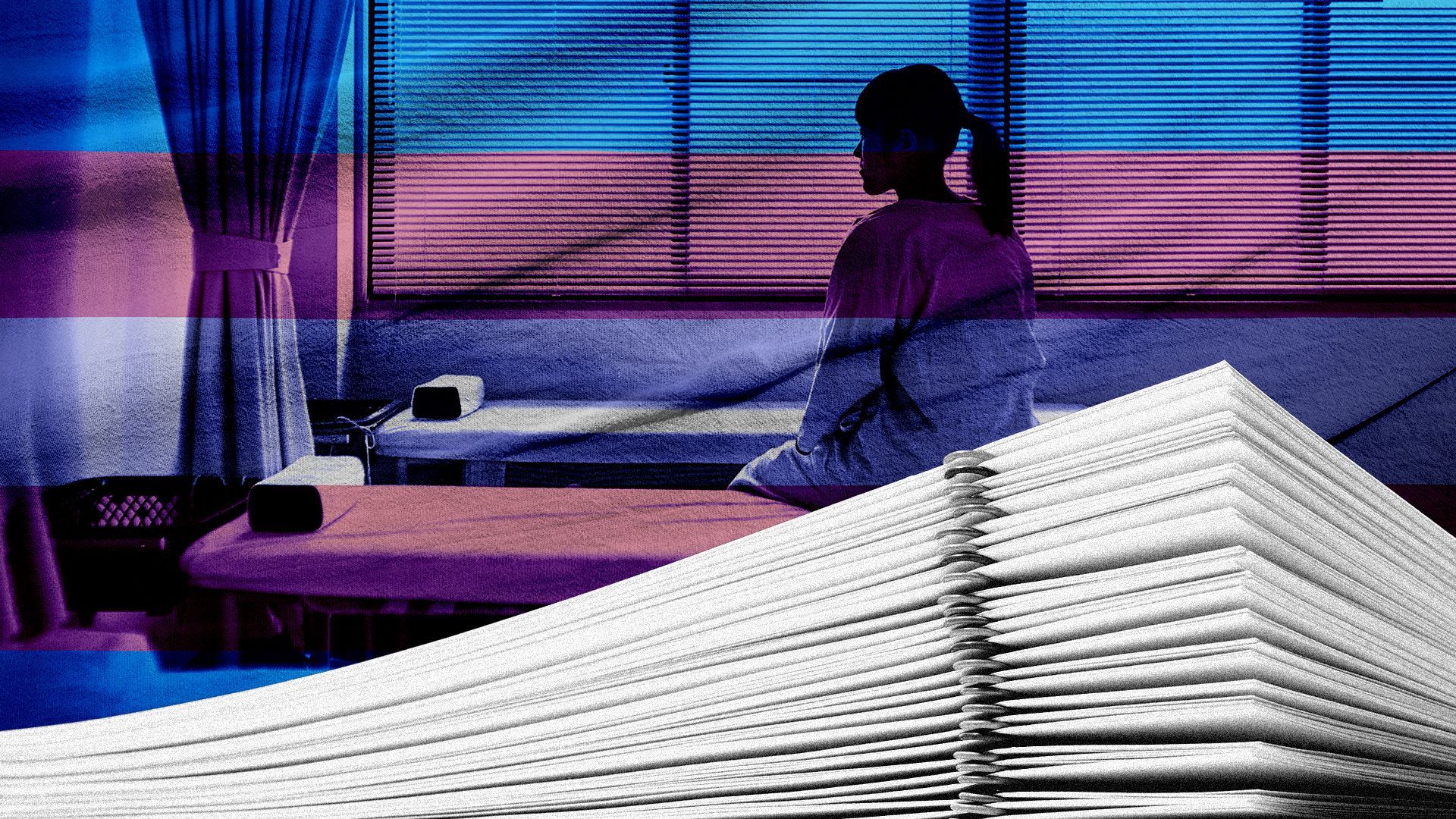 Illustration of a silhouetted teen hospital patient sitting behind an overlaid Transgender pride flag and a large stack of papers.