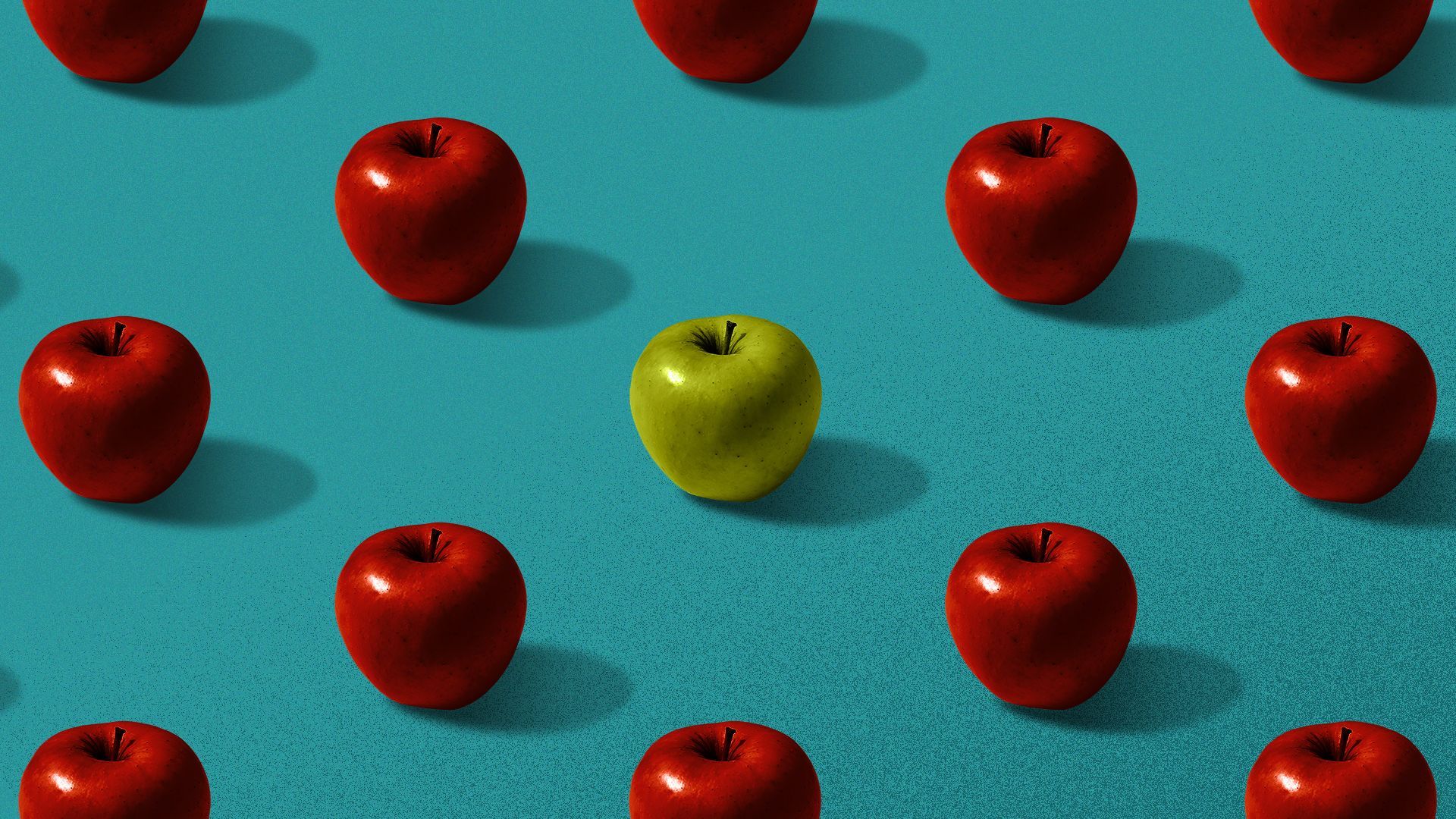 Illustration of a green apple surrounded by red apples.