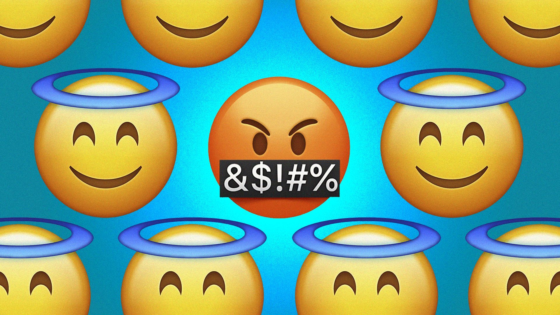 Illustration of an angry, swearing emoji, surrounded by angel emojis.