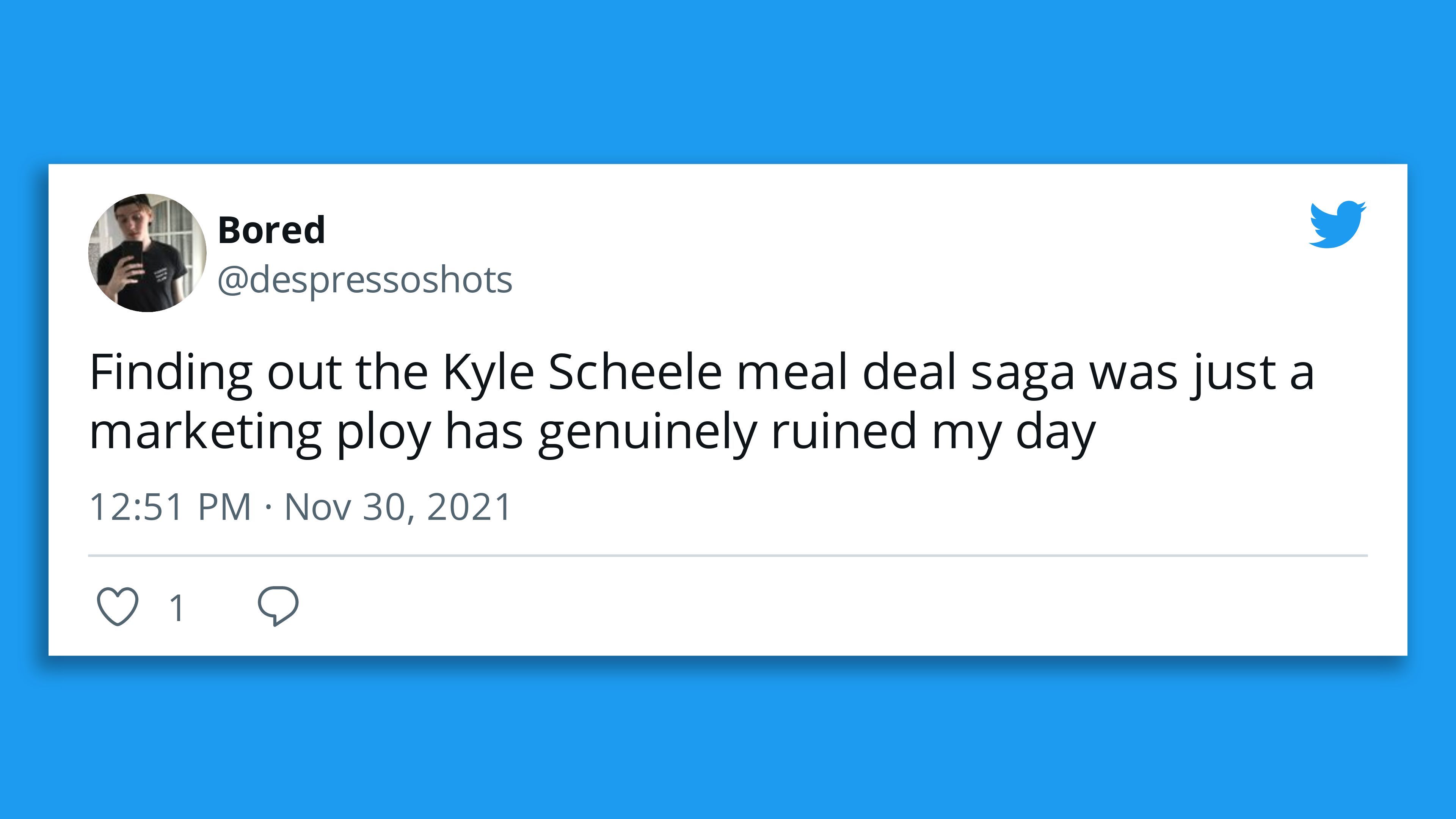 A tweet sad about the Kyle Scheele marketing ploy