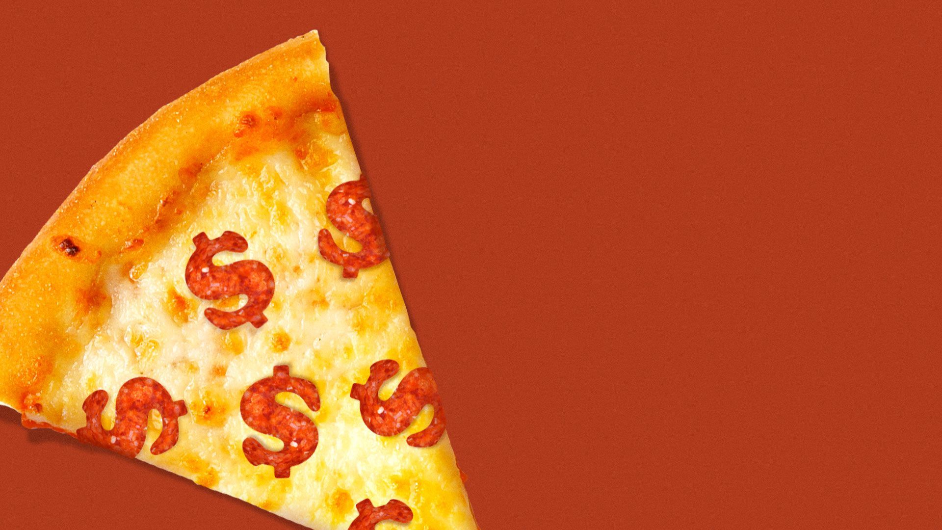 Illustration of a slice of pizza with dollar sign pepperoni slices