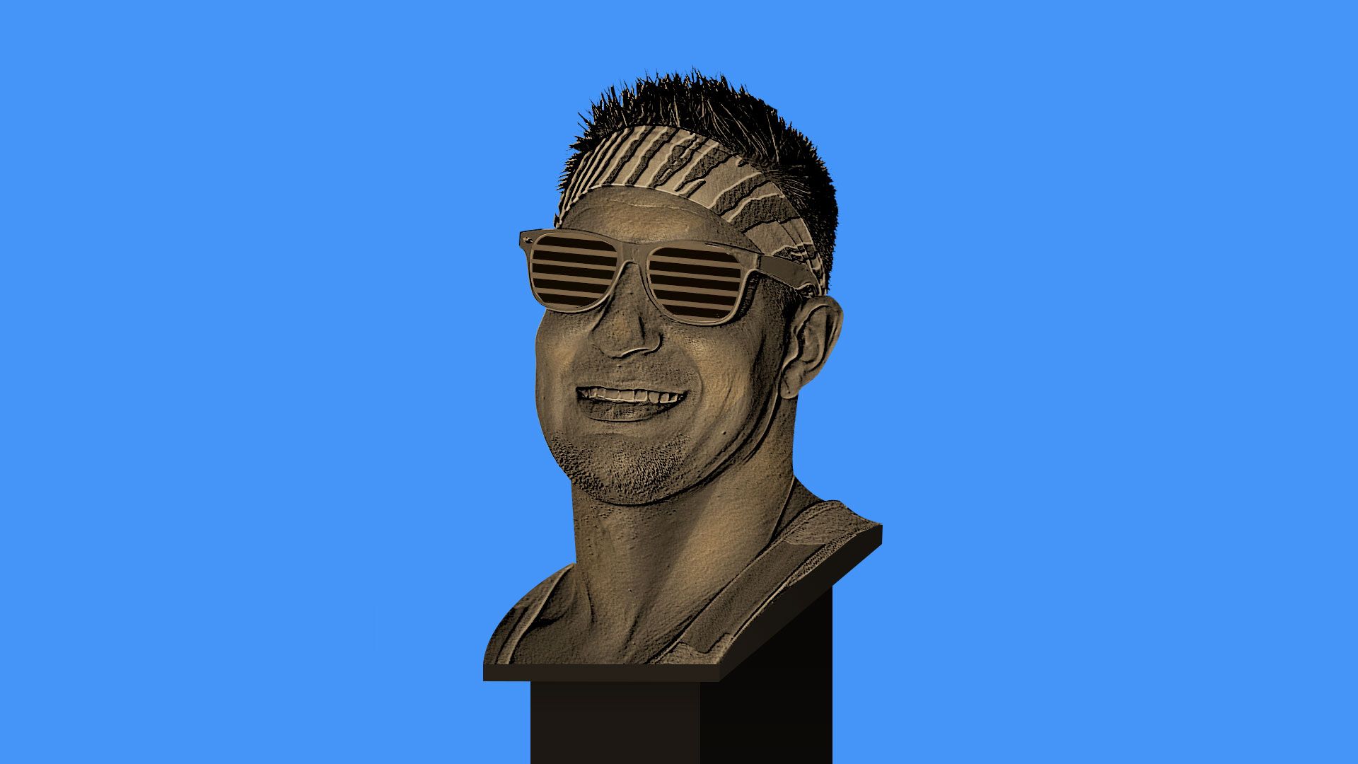 Rob Gronkowski's football HOF bust with sunglasses and bandana