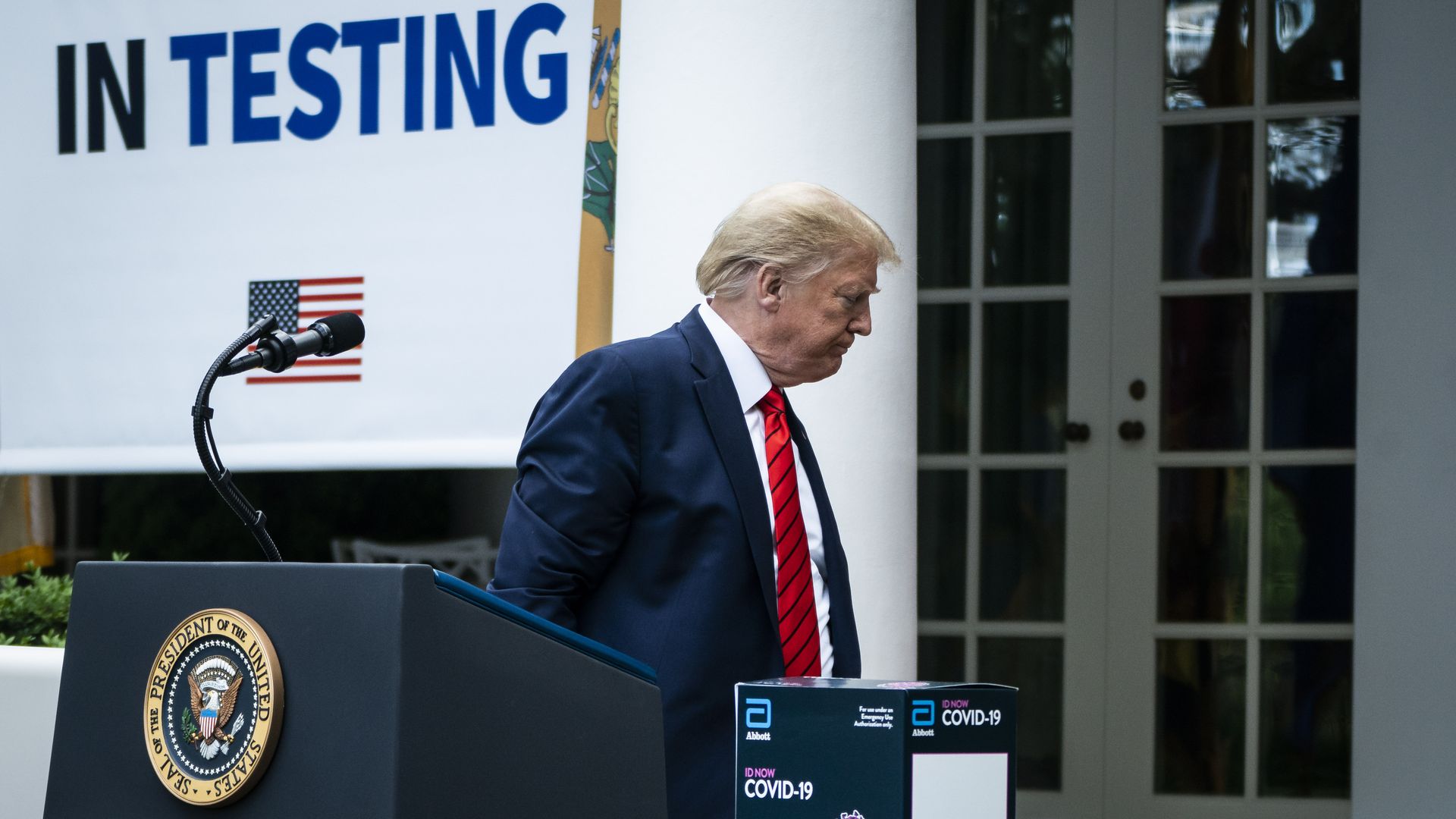 Donald Trump after delivering remarks during a press briefing on testing with administration officials.