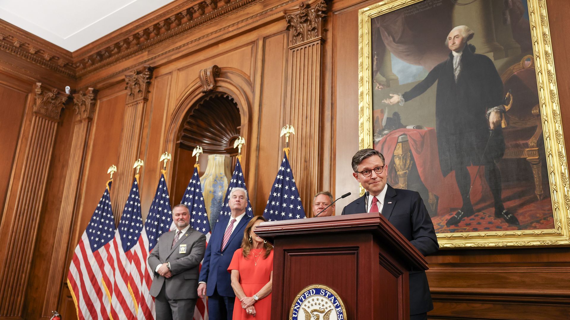 Speaker Johnson speaks during his weekly press conference. Photo by Tasos Katopodis/Getty Images