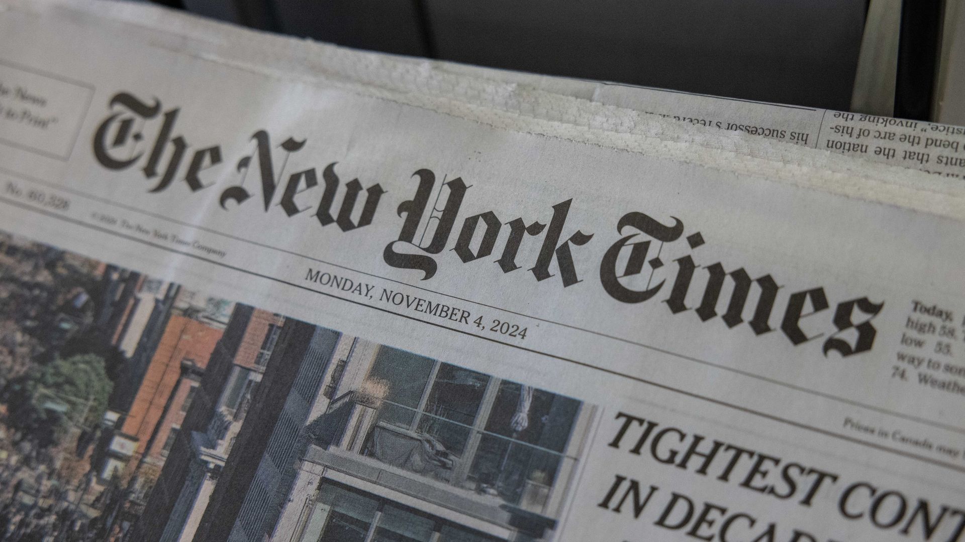 The front page of the Nov. 4, 2024 edition of a physical copy of the New York Times.