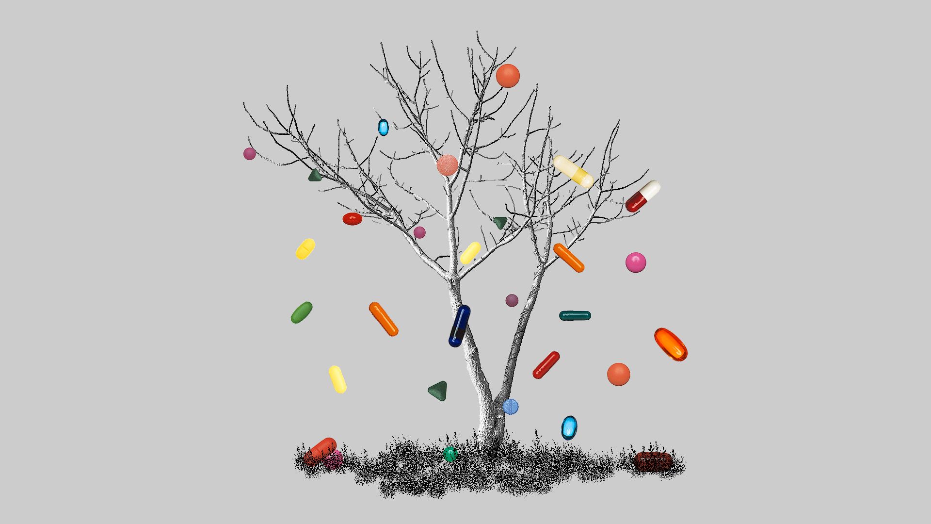 Illustration of a tree shedding pills instead of leaves.