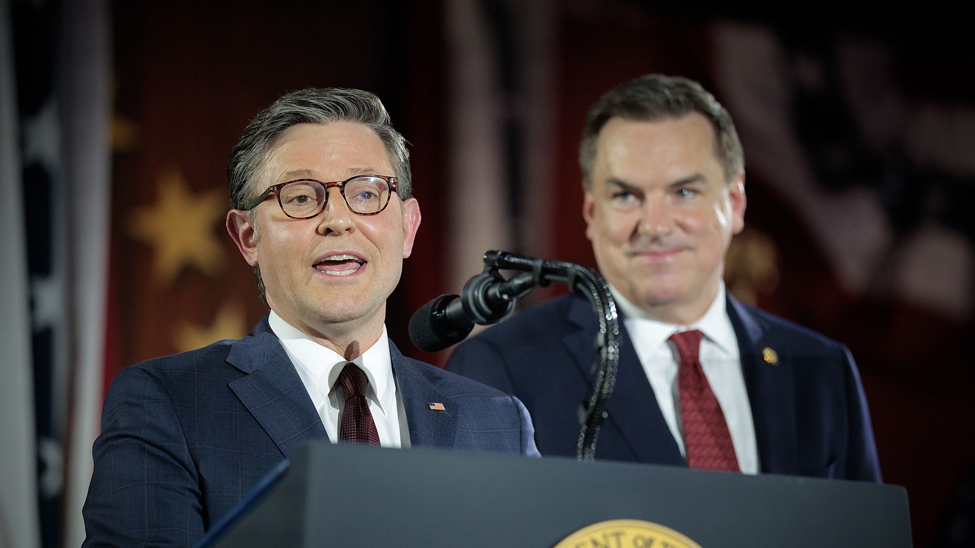 House Speaker Mike Johnson and National Republican Congressional Committee Chairman Richard Hudson attend the NRCC's annual fundraising dinner at Union Station on March 25 in Washington