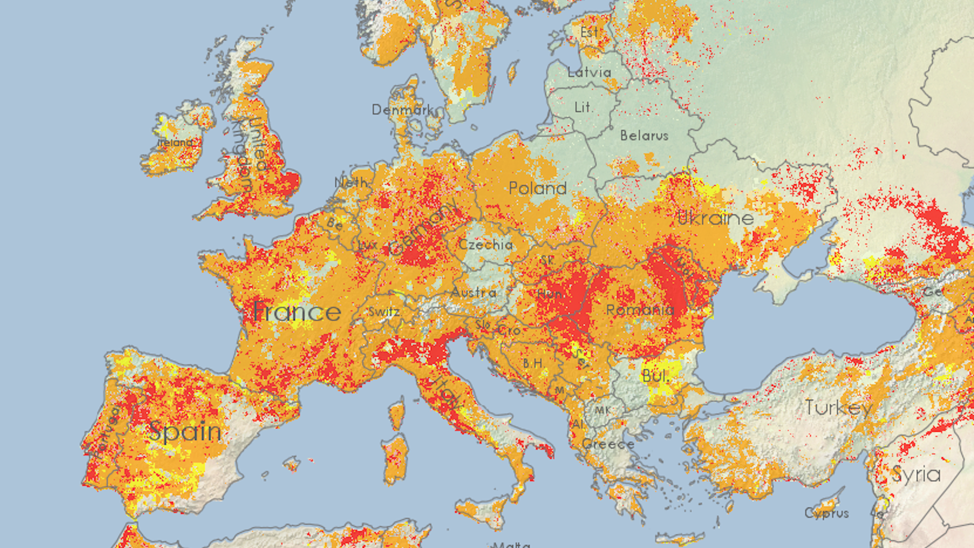 Map showing drought severity across Europe, with red hues indicating the most severe conditions.