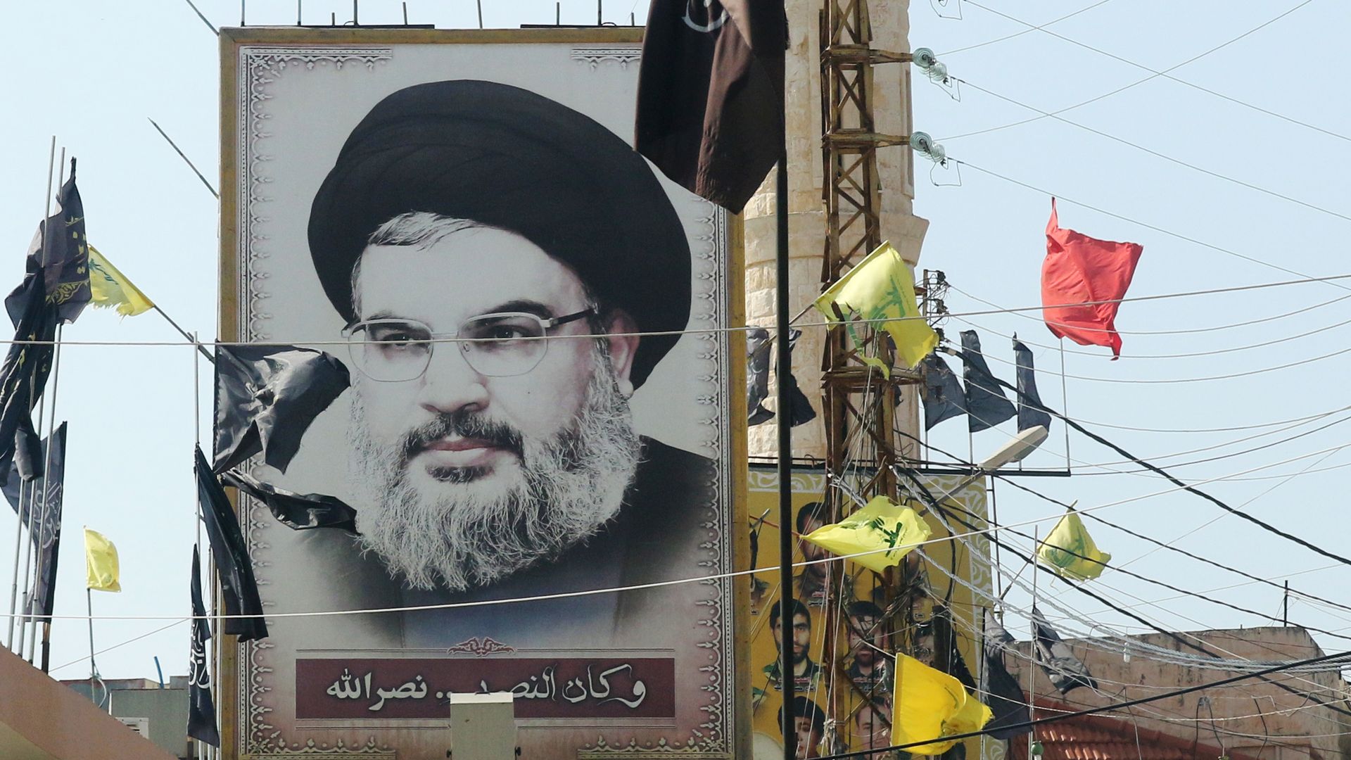 A portrait of the head of the Lebanese Shiite movement Hezbollah, Hasan Nasrallah