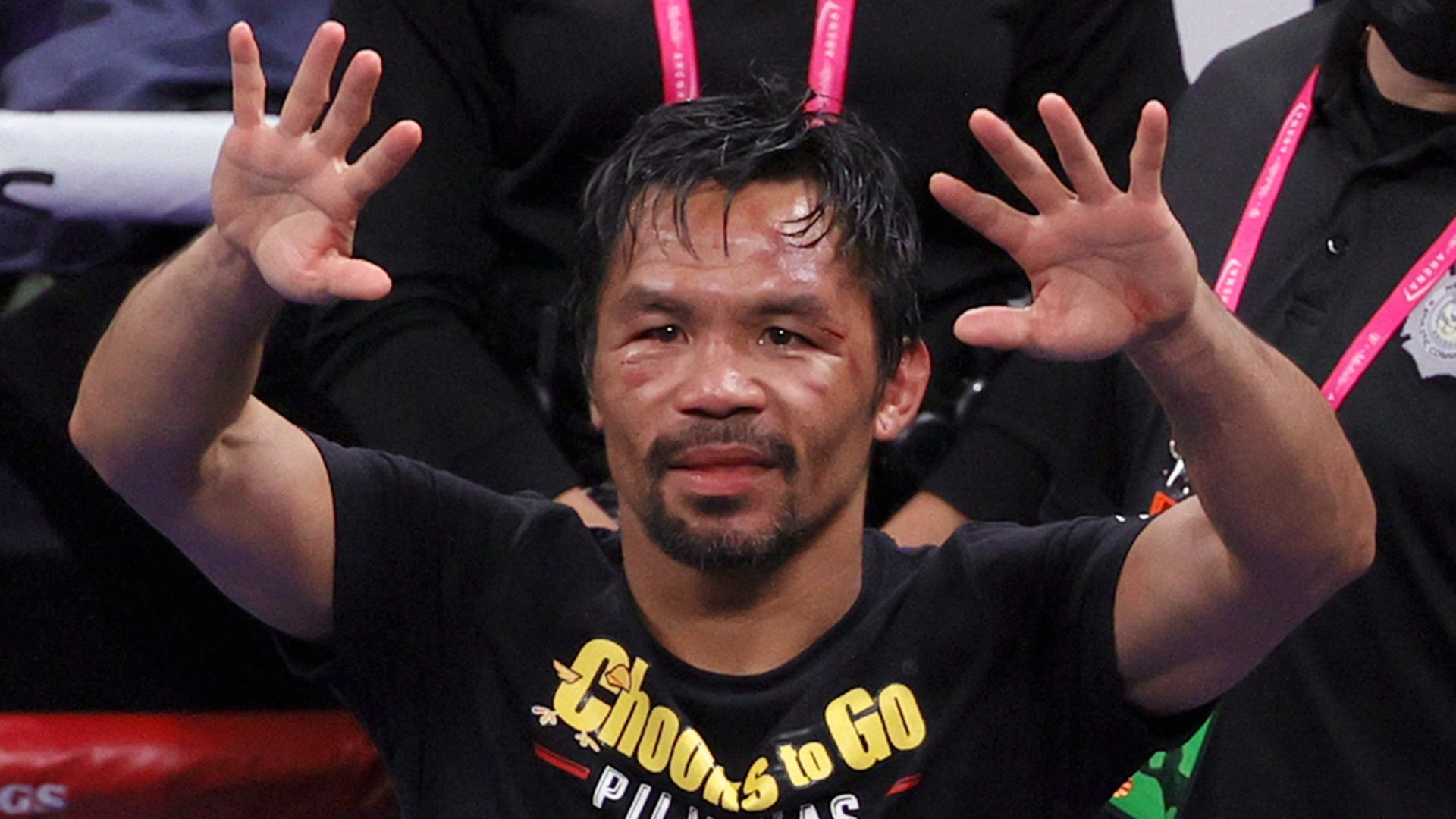  Manny Pacquiao gestures to fans after his WBA welterweight title fight against Yordenis Ugas at T-Mobile Arena on August 21, 2021 in Las Vegas, Nevada. 