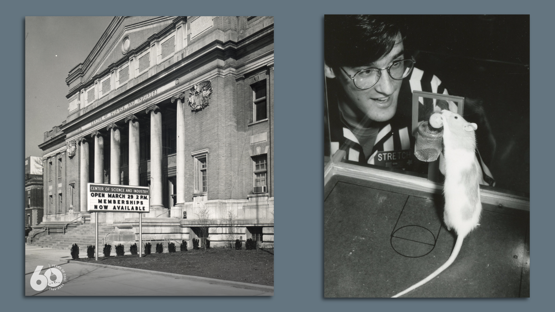 A picture of COSI on opening day and separate picture of a ref watching a game of rat basketball.