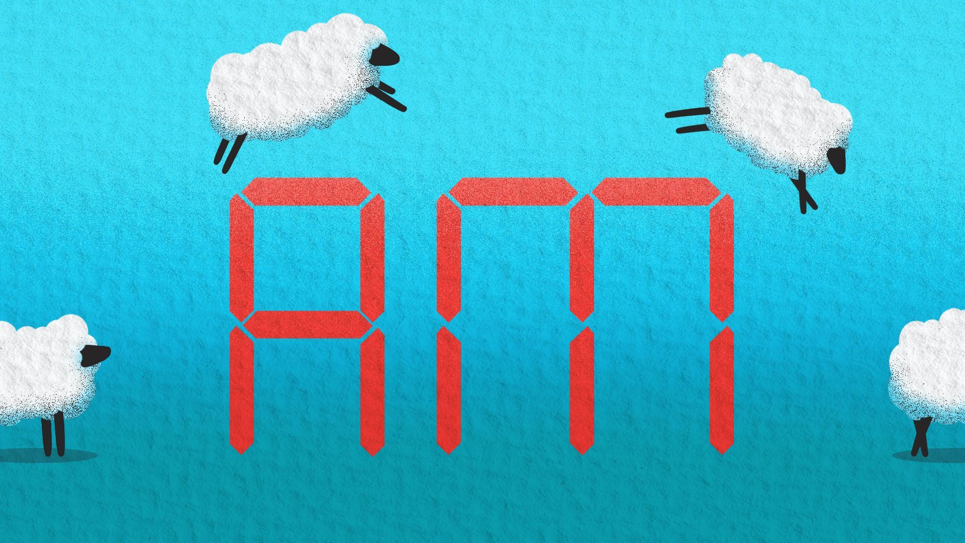 Illustration of sheep leaping over a giant digital AM