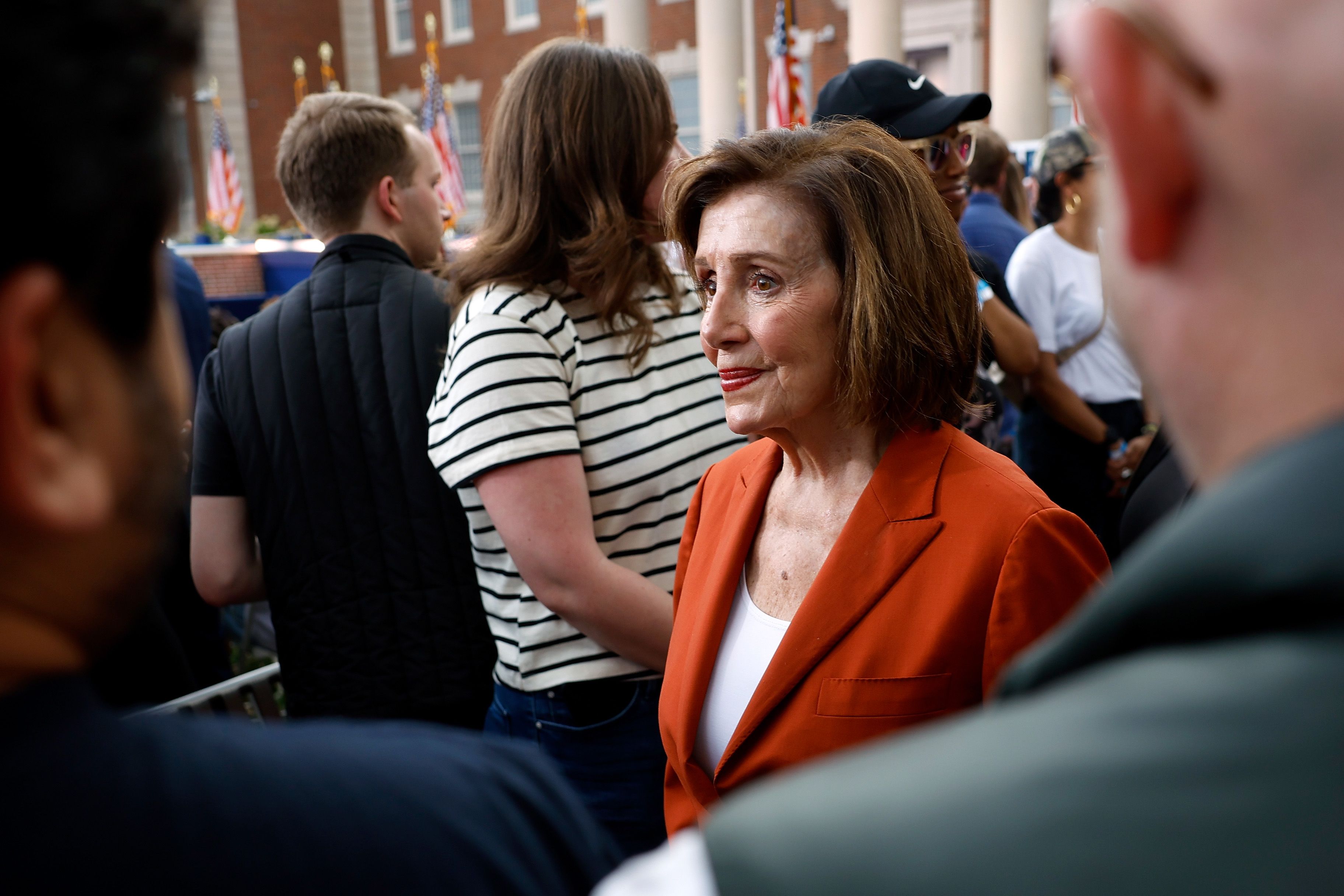 Former Speaker of the House Nancy Pelosi (D-Calif.) arrives as supporters wait to hear Democratic presidential nominee, U.S. Vice President Kamala Harris concede the election, at Howard University on November 06, 2024 in Washington, DC. 
