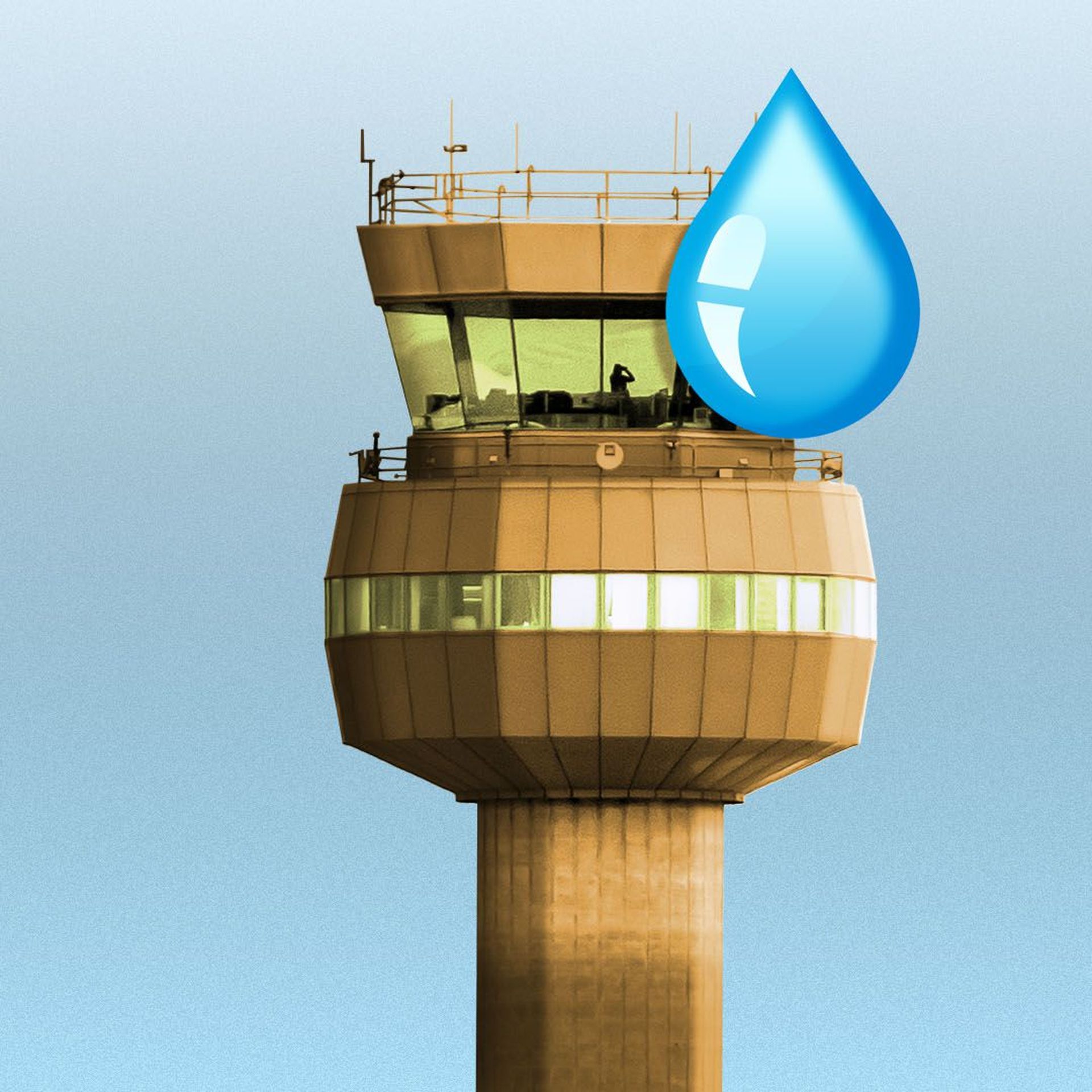 Illustration of an airport control tower with a giant sweat drop