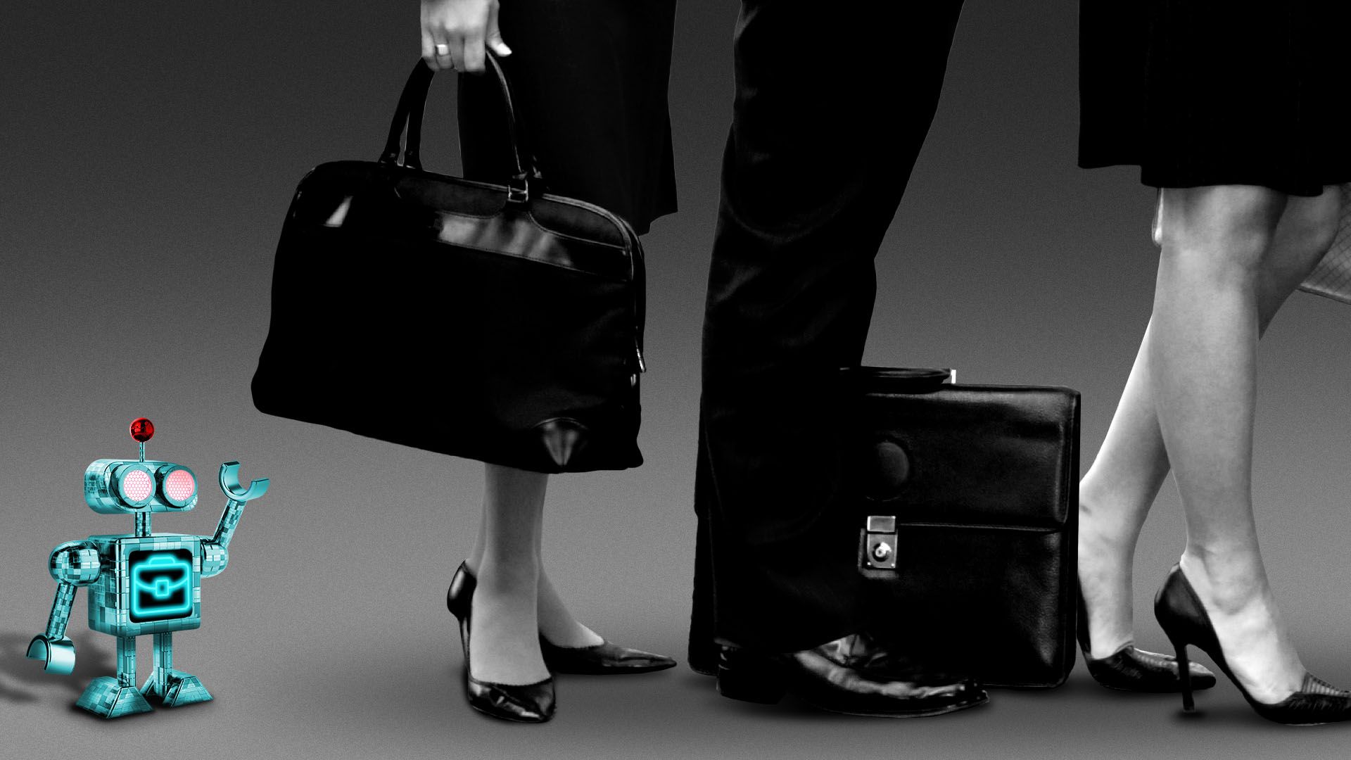 Illustration of a small robot standing behind a line of people dressed in business attire 