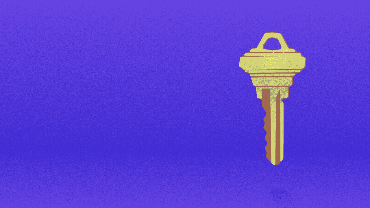 Animated illustration of a floating key rotating to reveal an exclamation point.