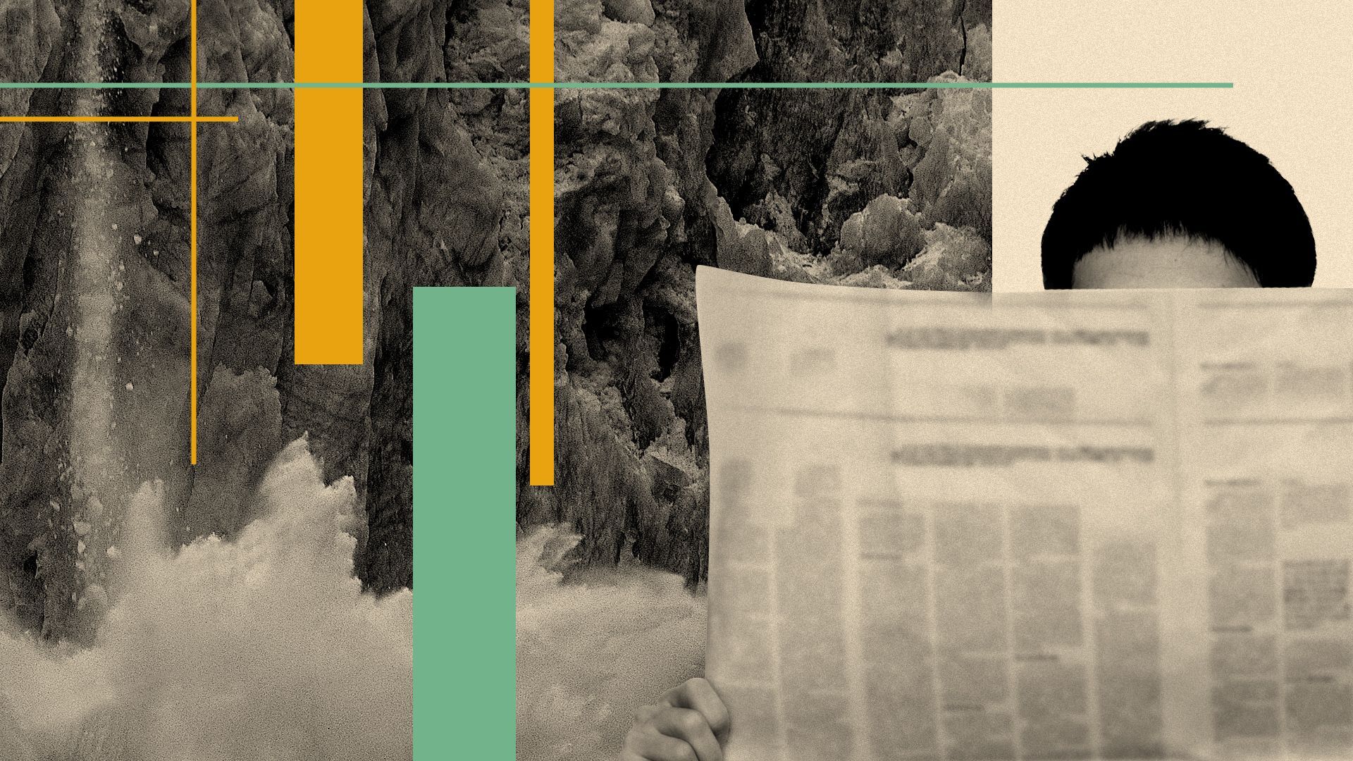 Illustration of a person reading a newspaper over an image of a glacier falling apart. 