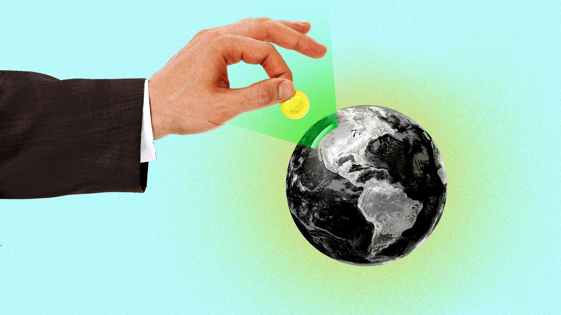 A hand inserting a coin into the Earth