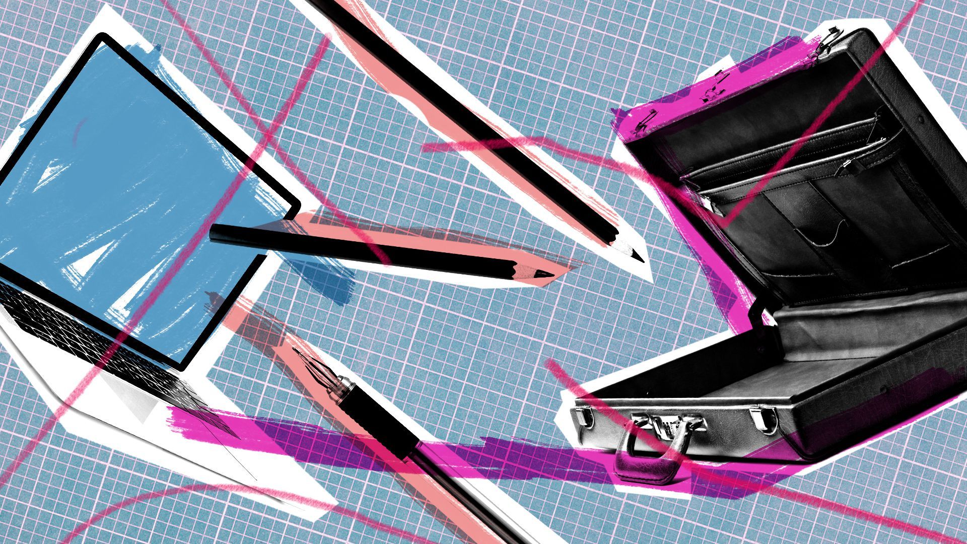 Photo collage of a laptop, briefcase, pens and pencils.