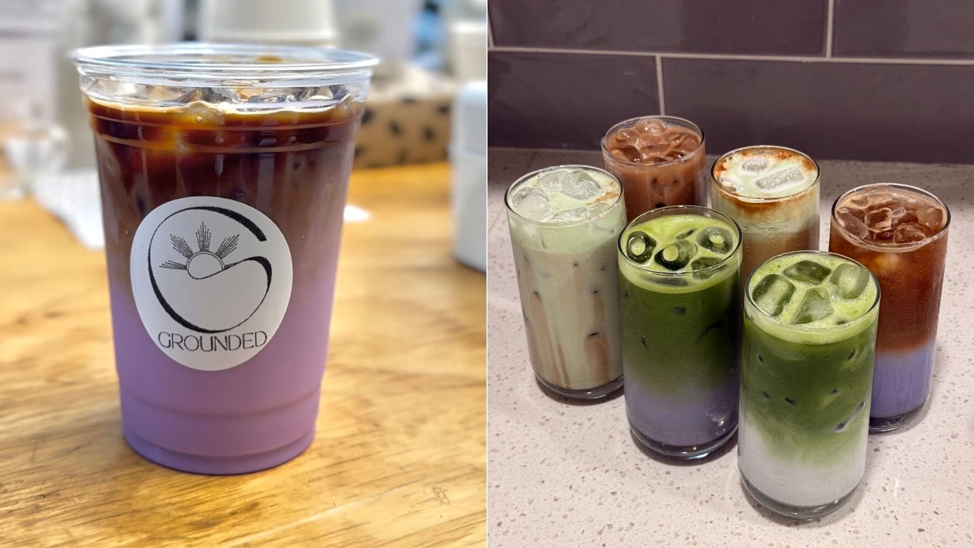 Split image: left a purple iced drink in a clear plastic cup labeled Grounded on a wooden table; right six colorful iced drinks in clear glasses on a speckled counter.