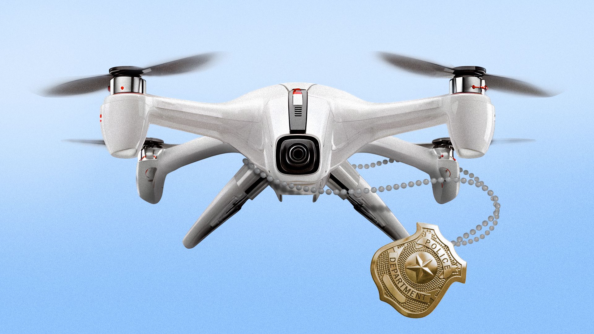 Illustration of a drone wearing a police badge on a chain.