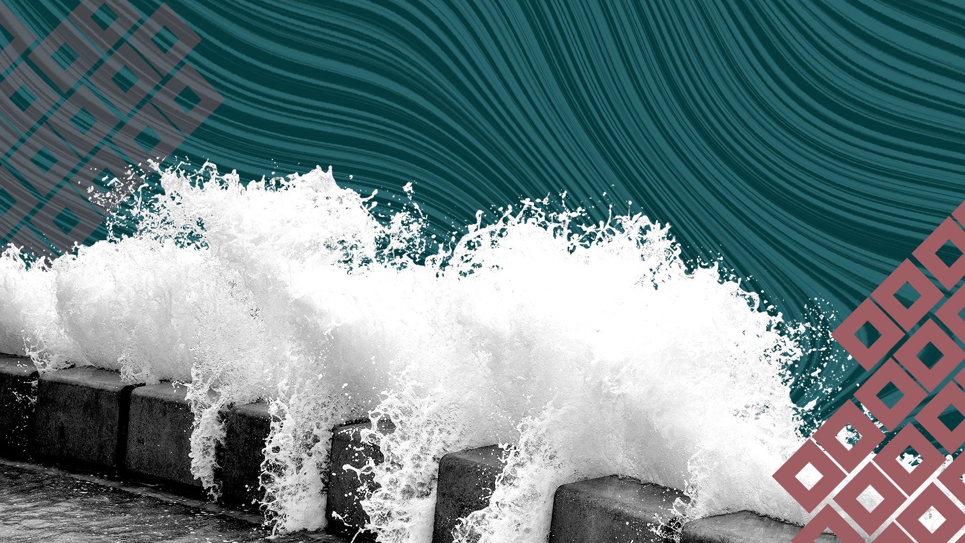 Illustration of waves crashing over a fortified coastline with swirling lines in the background and a pattern of hurricane flags in the foreground.